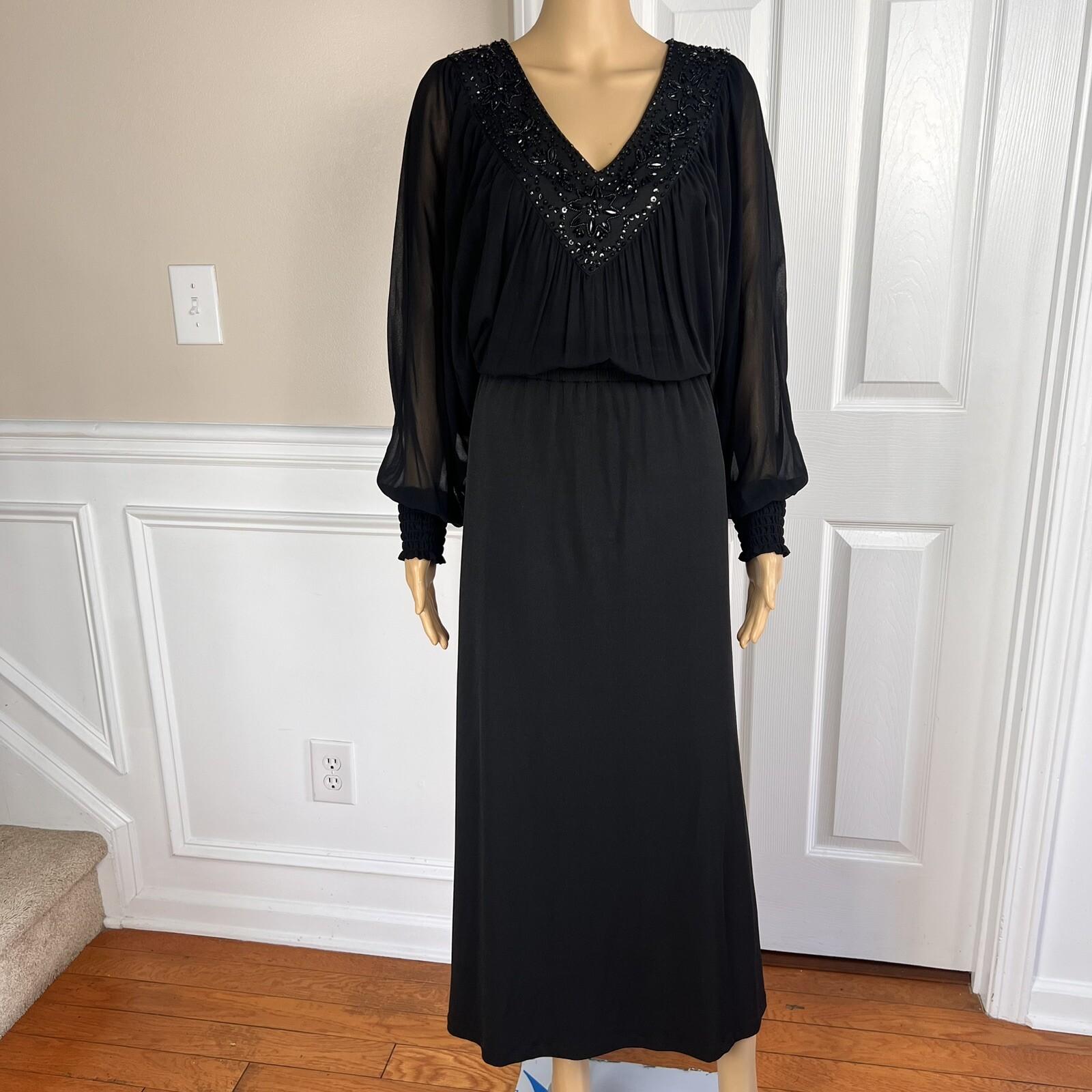 BADGLEY MISCHKA Black Beaded Polyester Stretch V Neck Cocktail Dress Size M/L