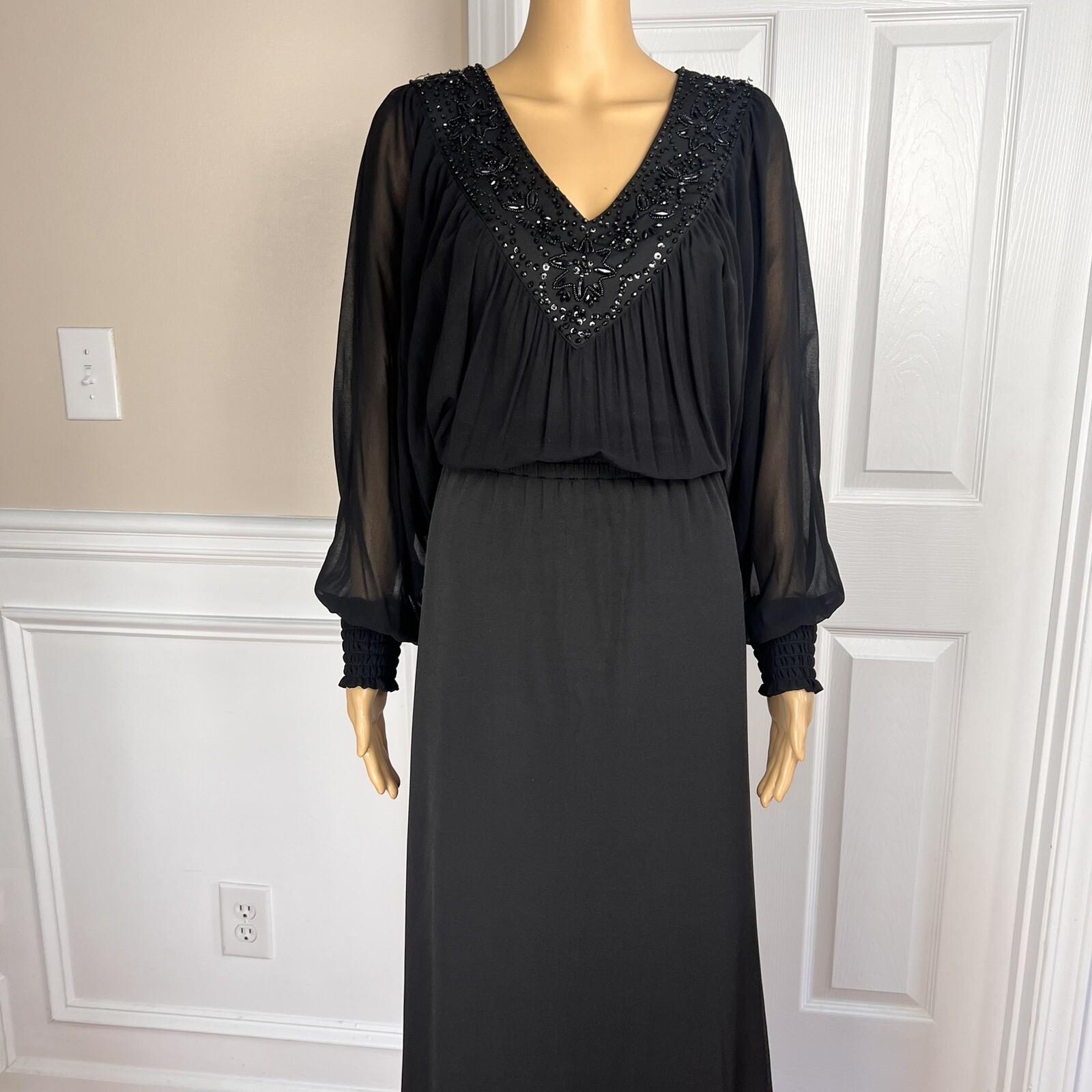 BADGLEY MISCHKA Black Beaded Polyester Stretch V Neck Cocktail Dress Size M/L