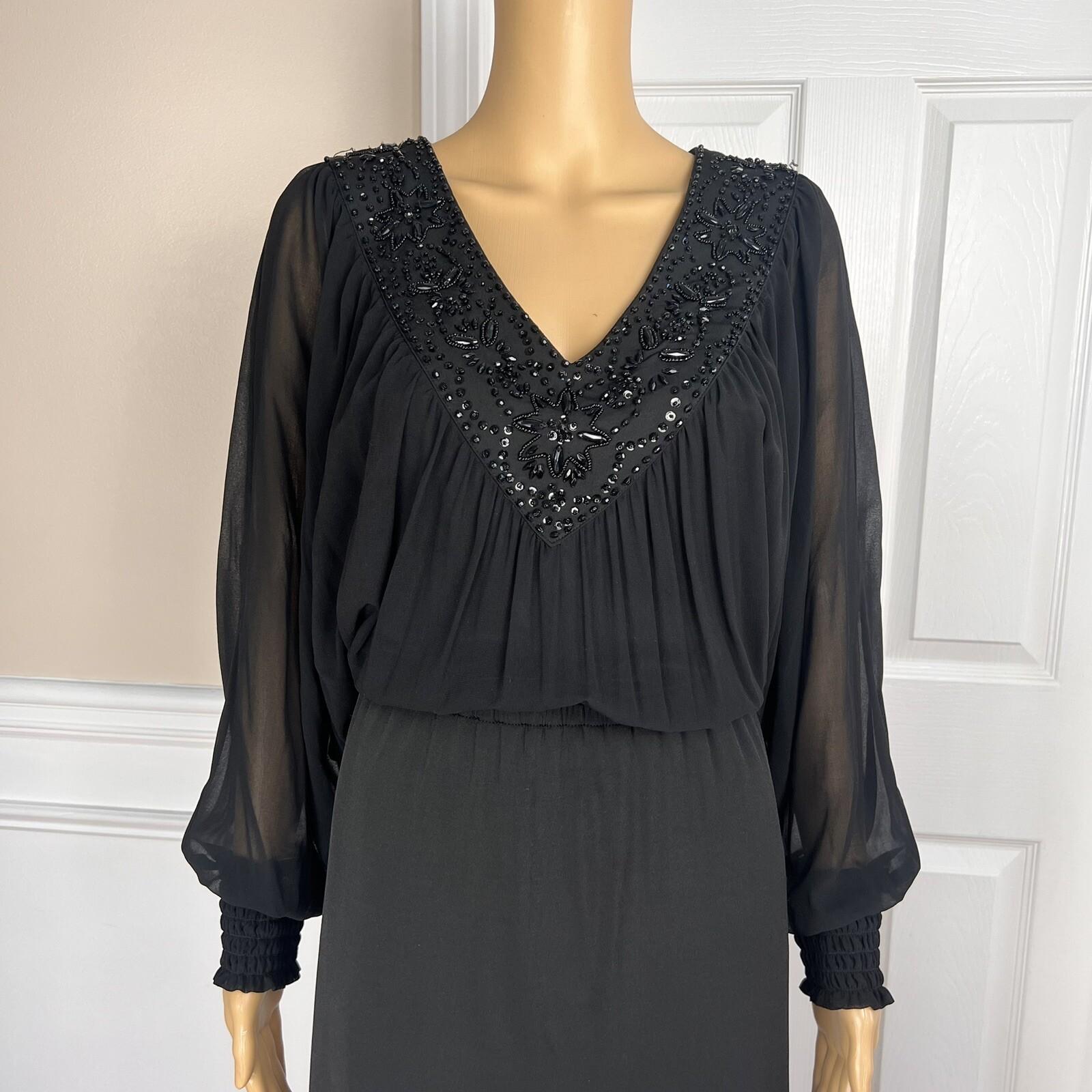 BADGLEY MISCHKA Black Beaded Polyester Stretch V Neck Cocktail Dress Size M/L