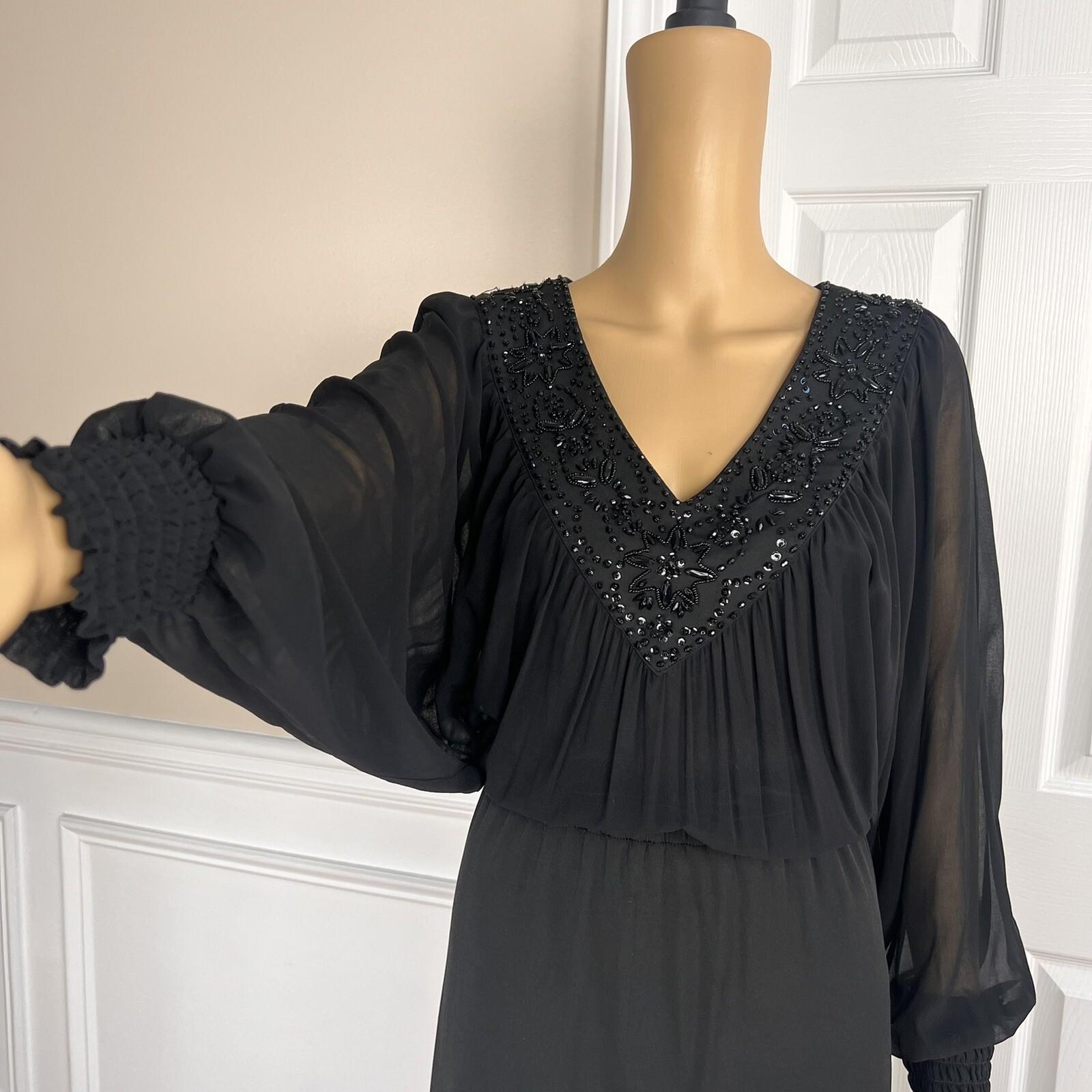 BADGLEY MISCHKA Black Beaded Polyester Stretch V Neck Cocktail Dress Size M/L