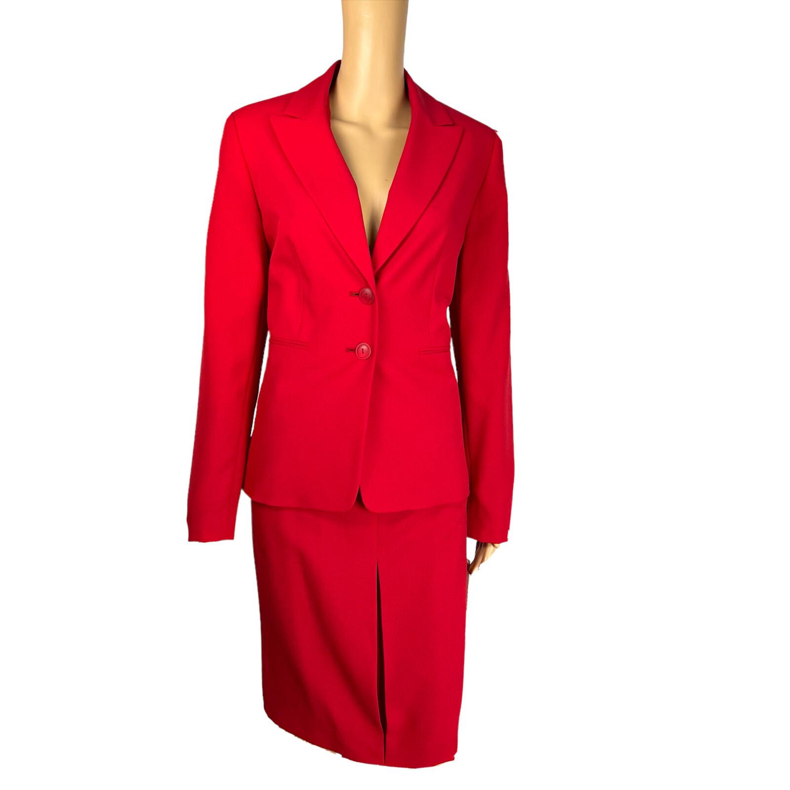 New C J PHILLIPS Women 2PC Red Polyester Lined Peak Collar Skirt Suit Size 8
