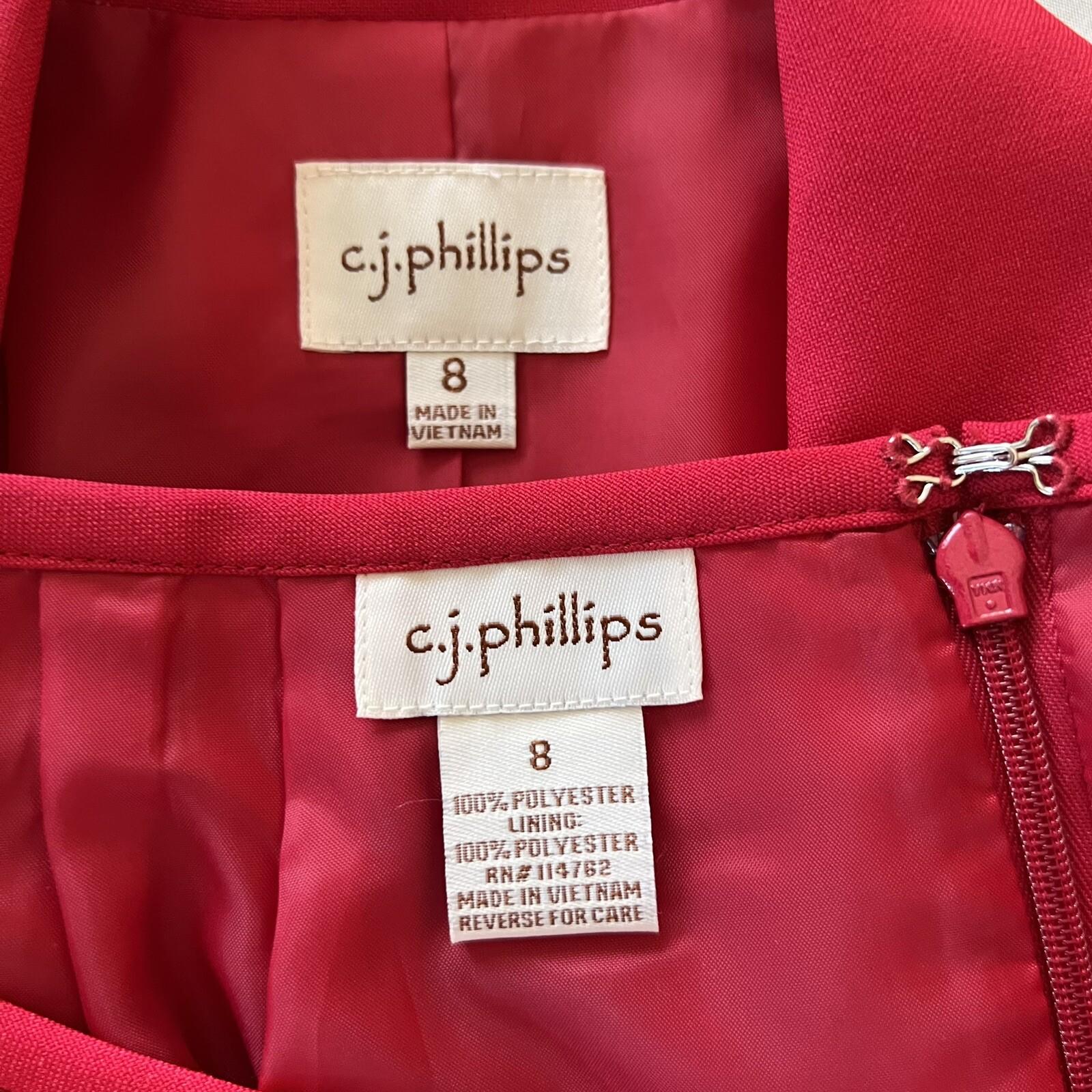 New C J PHILLIPS Women 2PC Red Polyester Lined Peak Collar Skirt Suit Size 8