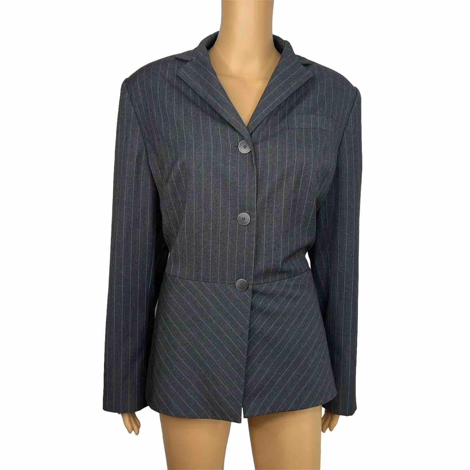 Liz Claiborne Polyester Rayon Blazer Suit Size 14 Gray Striped Ruffle Lined 1PC