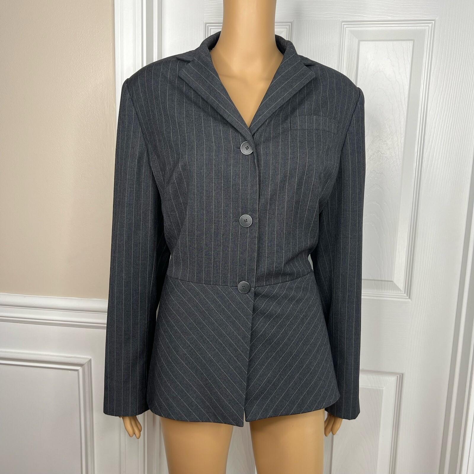 Liz Claiborne Polyester Rayon Blazer Suit Size 14 Gray Striped Ruffle Lined 1PC