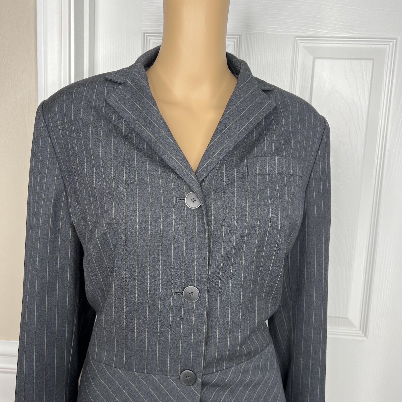 Liz Claiborne Polyester Rayon Blazer Suit Size 14 Gray Striped Ruffle Lined 1PC