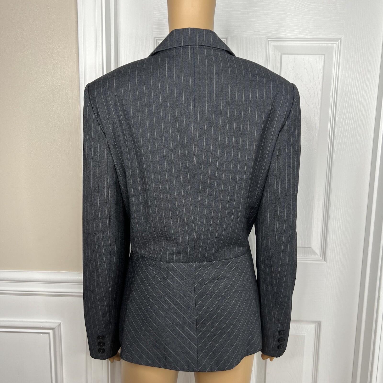 Liz Claiborne Polyester Rayon Blazer Suit Size 14 Gray Striped Ruffle Lined 1PC