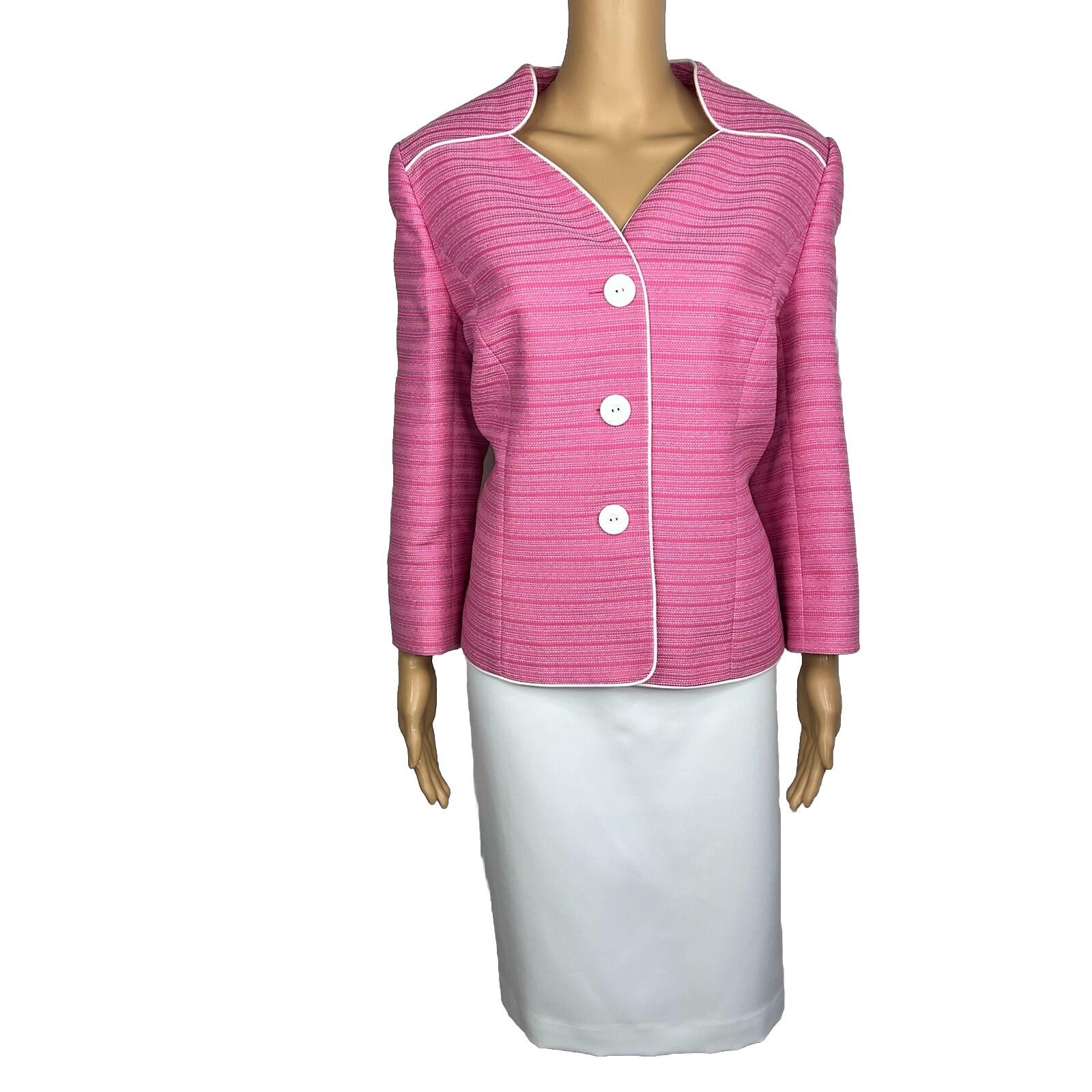 Le Suit Polyester Skirt Suit Size 12 Pink White Collarless Lined Cocktail 2PC