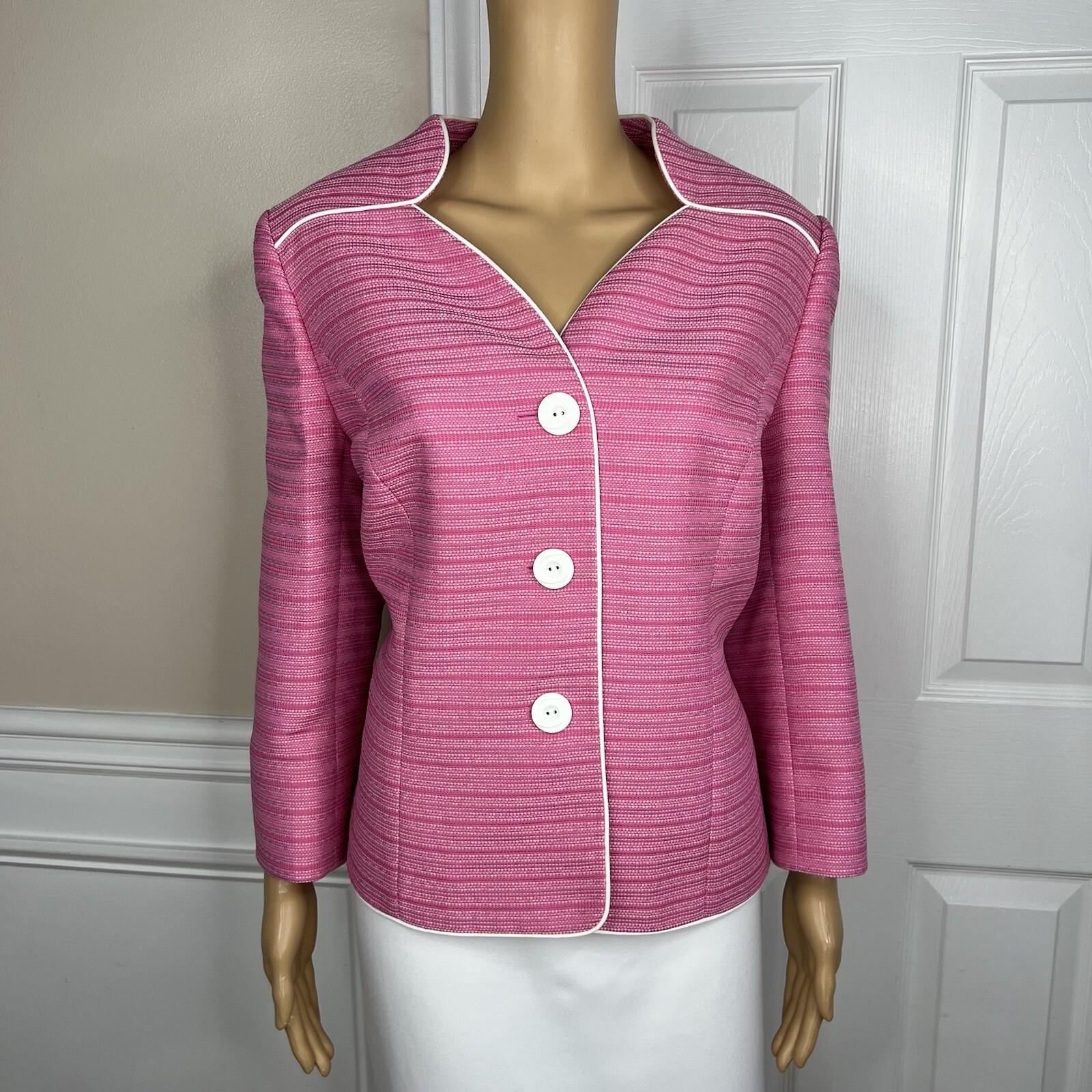 Le Suit Polyester Skirt Suit Size 12 Pink White Collarless Lined Cocktail 2PC