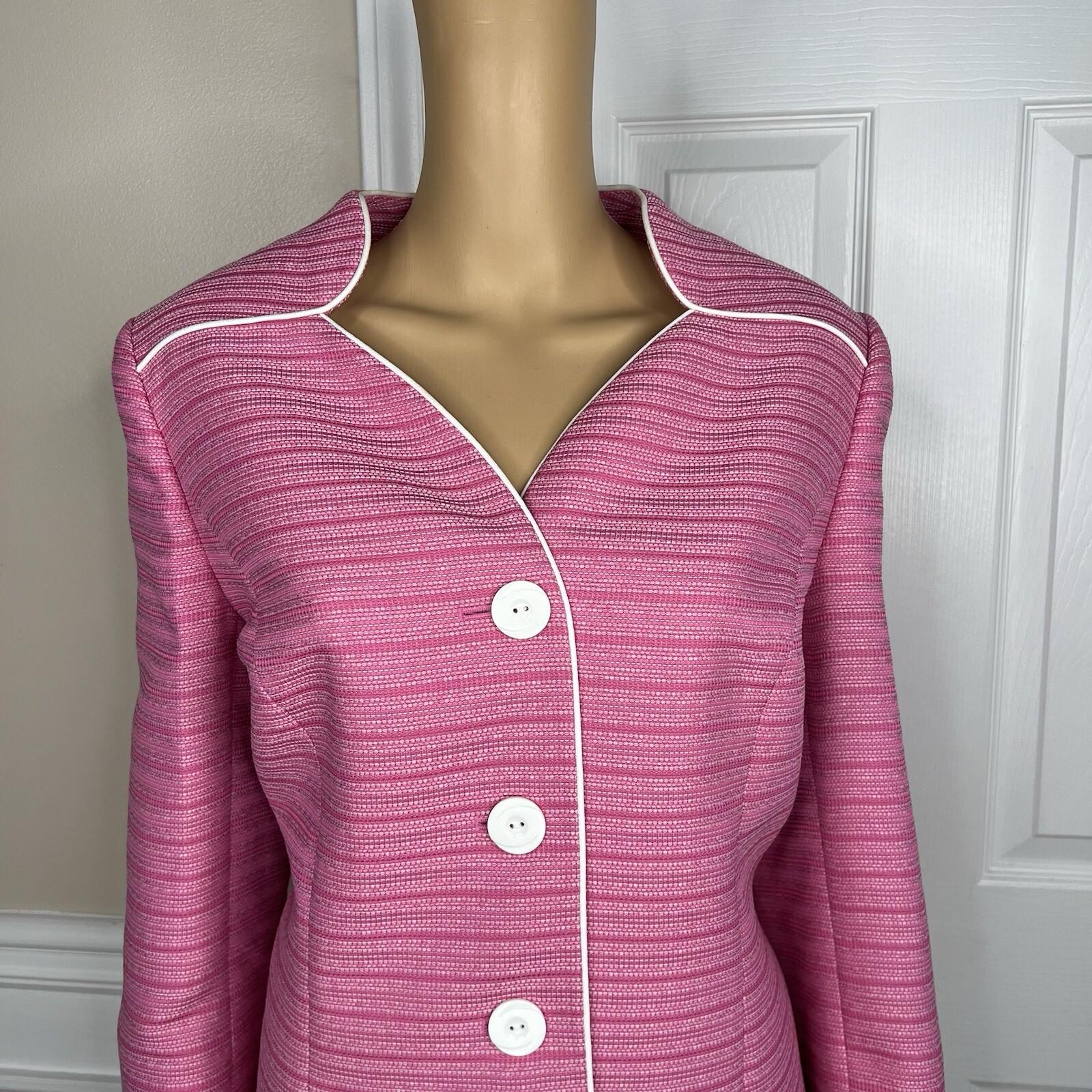 Le Suit Polyester Skirt Suit Size 12 Pink White Collarless Lined Cocktail 2PC