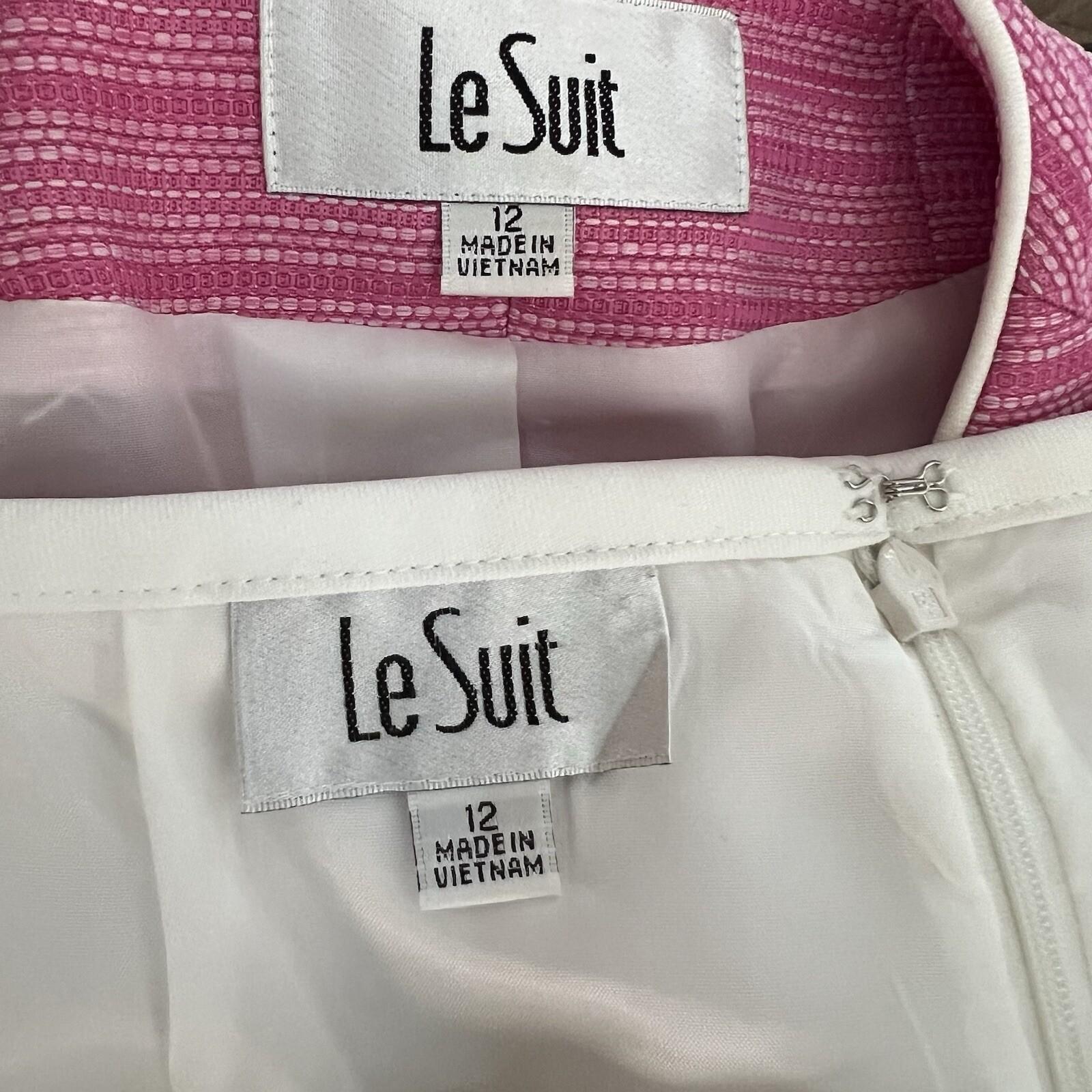 Le Suit Polyester Skirt Suit Size 12 Pink White Collarless Lined Cocktail 2PC