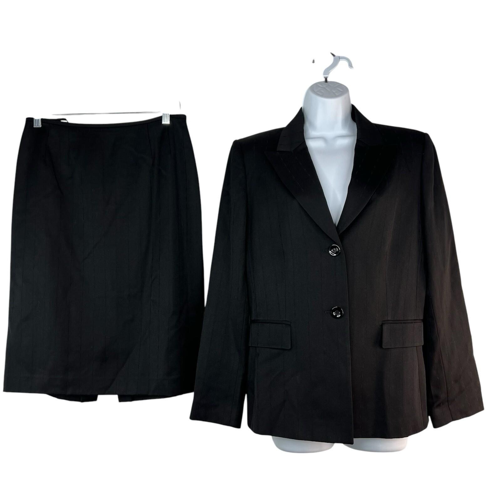 Tahari Wool Skirt Suit Size 10 Black Striped Peak Collar Classic Minimalist 2PC