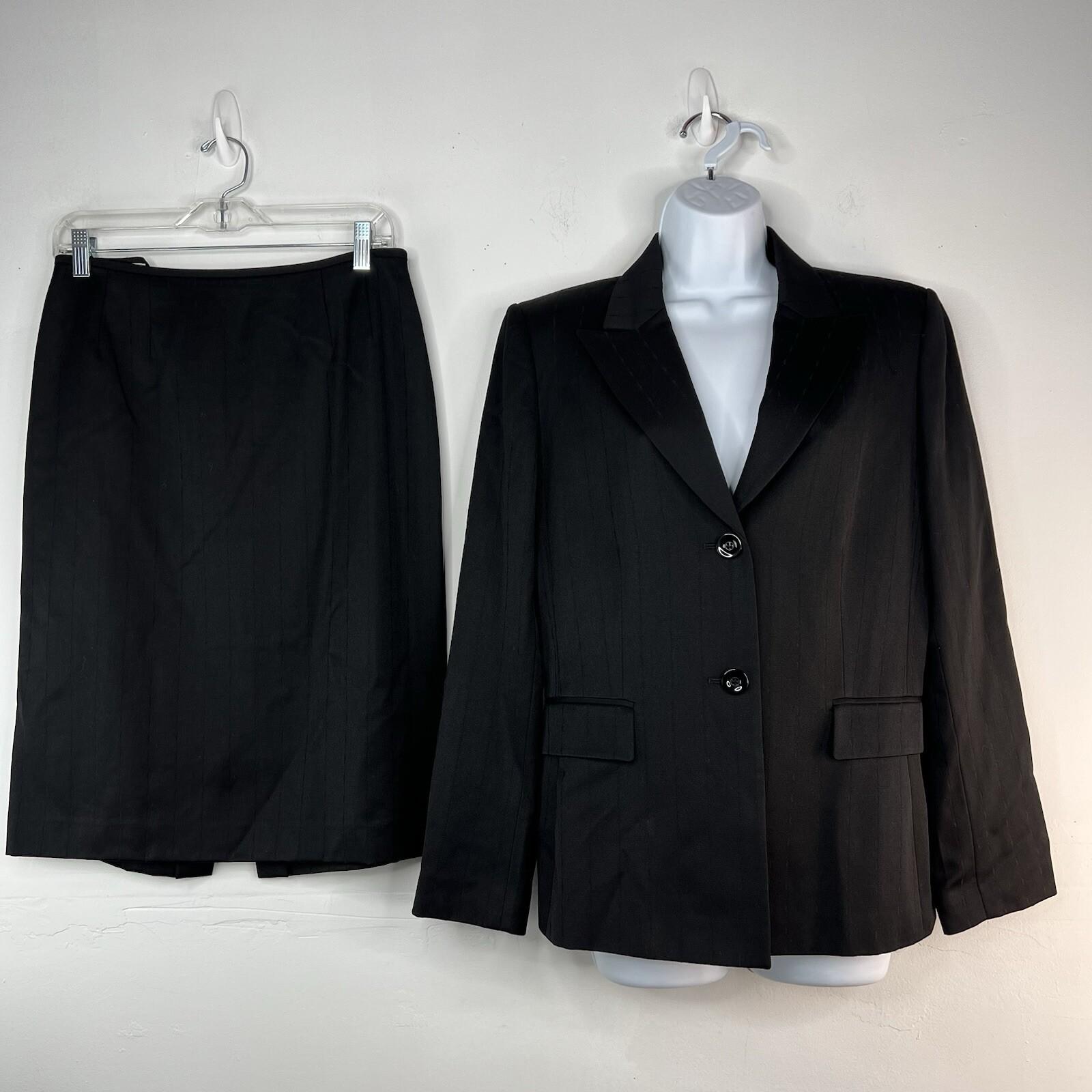 Tahari Wool Skirt Suit Size 10 Black Striped Peak Collar Classic Minimalist 2PC