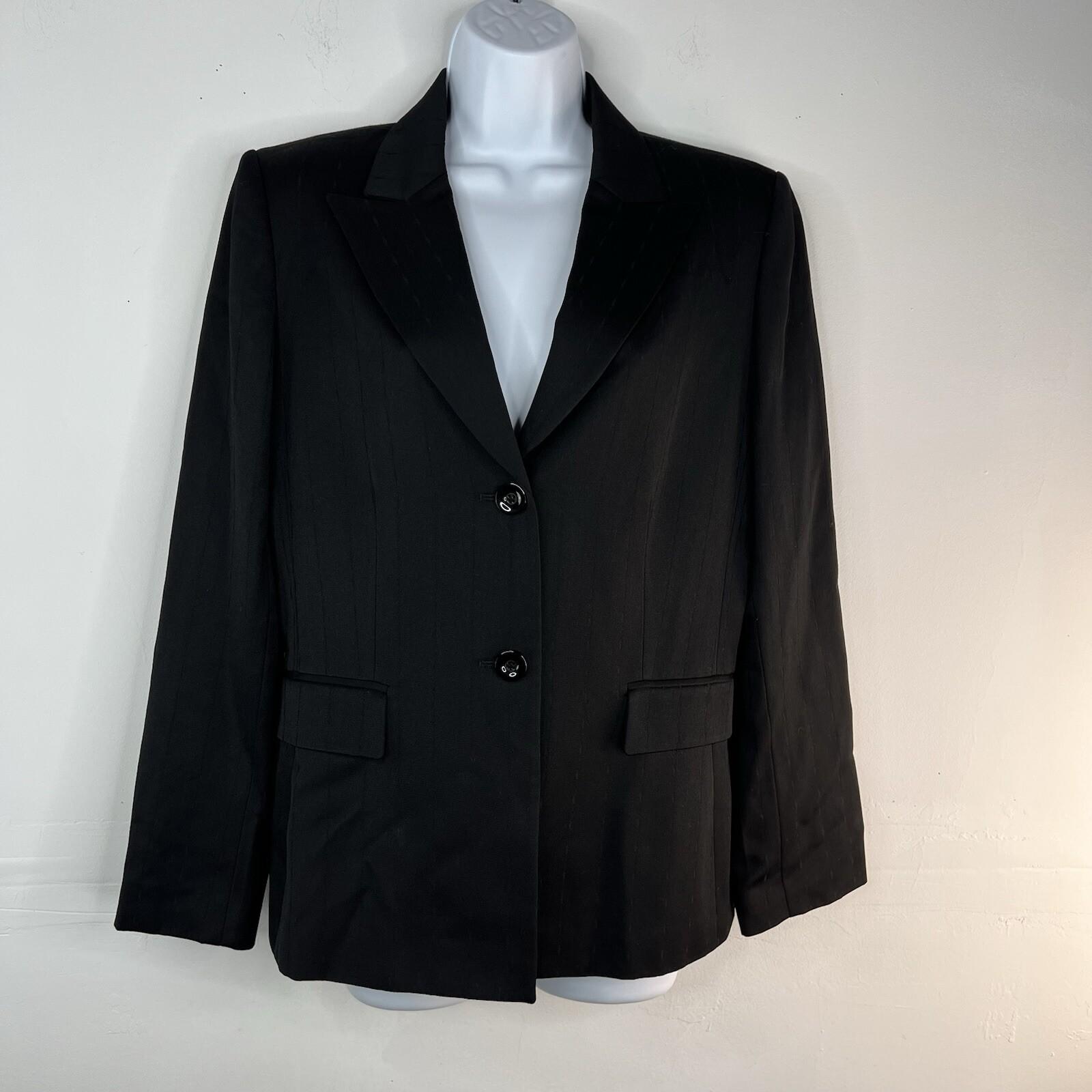 Tahari Wool Skirt Suit Size 10 Black Striped Peak Collar Classic Minimalist 2PC