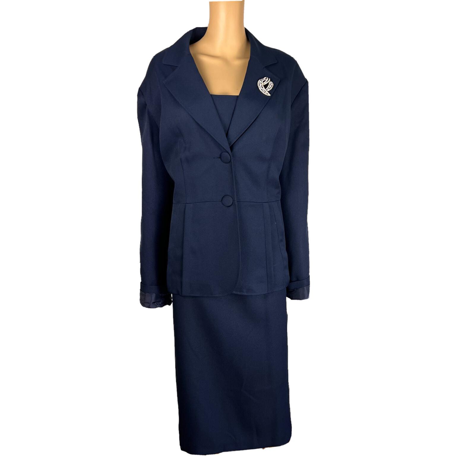New ENFRENCH Navy Blue 2PC Polyester Lined Notch Collar Ruffle Skirt Suit SZ 26