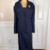 New ENFRENCH Navy Blue 2PC Polyester Lined Notch Collar Ruffle Skirt Suit SZ 26