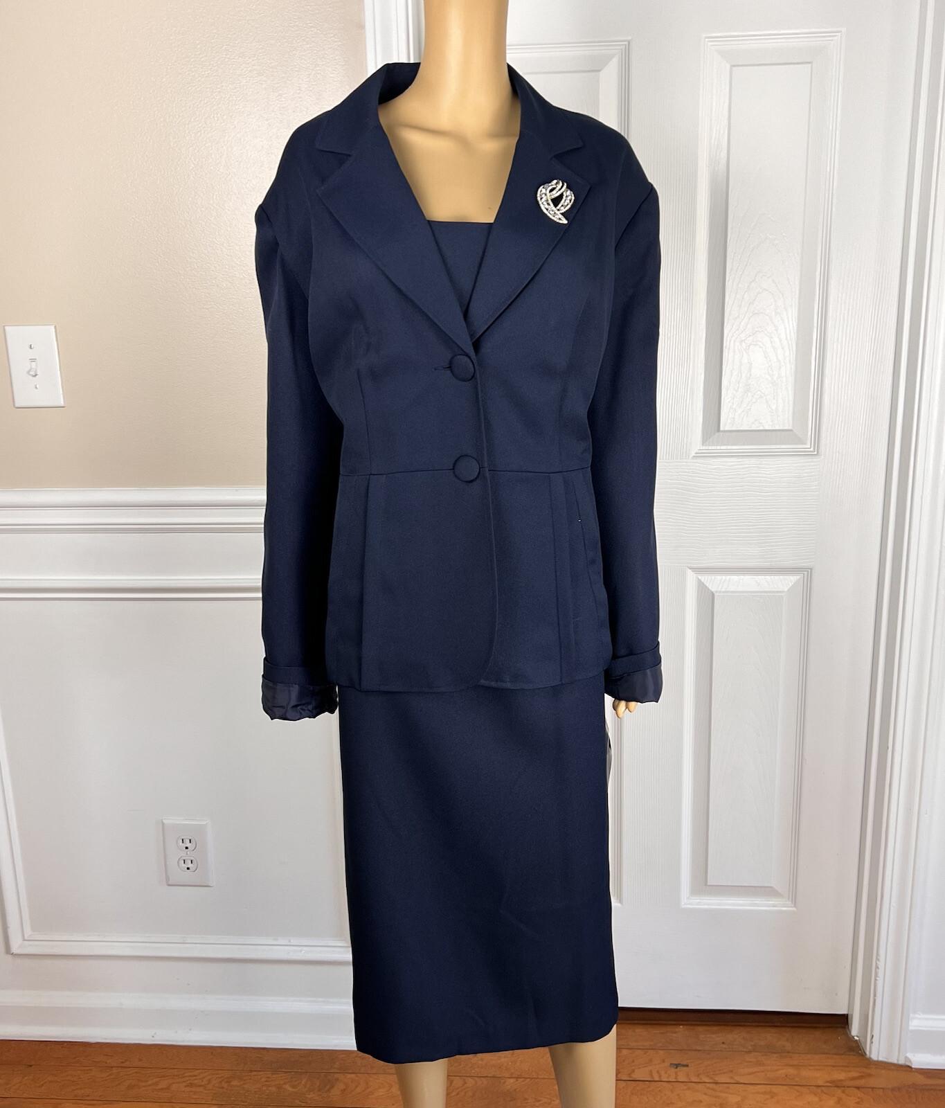 New ENFRENCH Navy Blue 2PC Polyester Lined Notch Collar Ruffle Skirt Suit SZ 26