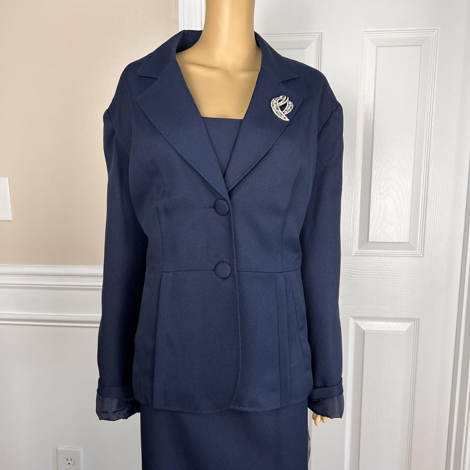 New ENFRENCH Navy Blue 2PC Polyester Lined Notch Collar Ruffle Skirt Suit SZ 26