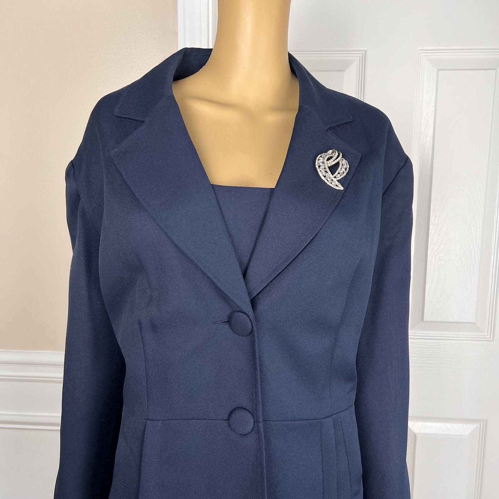 New ENFRENCH Navy Blue 2PC Polyester Lined Notch Collar Ruffle Skirt Suit SZ 26