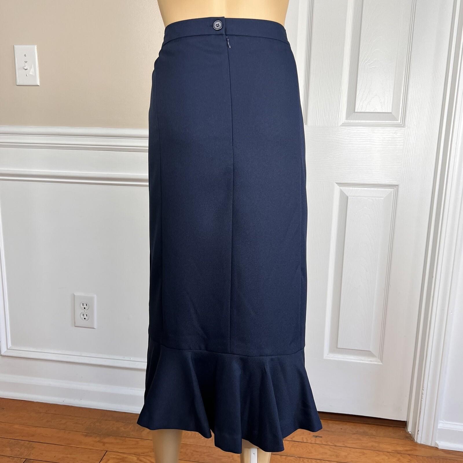 New ENFRENCH Navy Blue 2PC Polyester Lined Notch Collar Ruffle Skirt Suit SZ 26