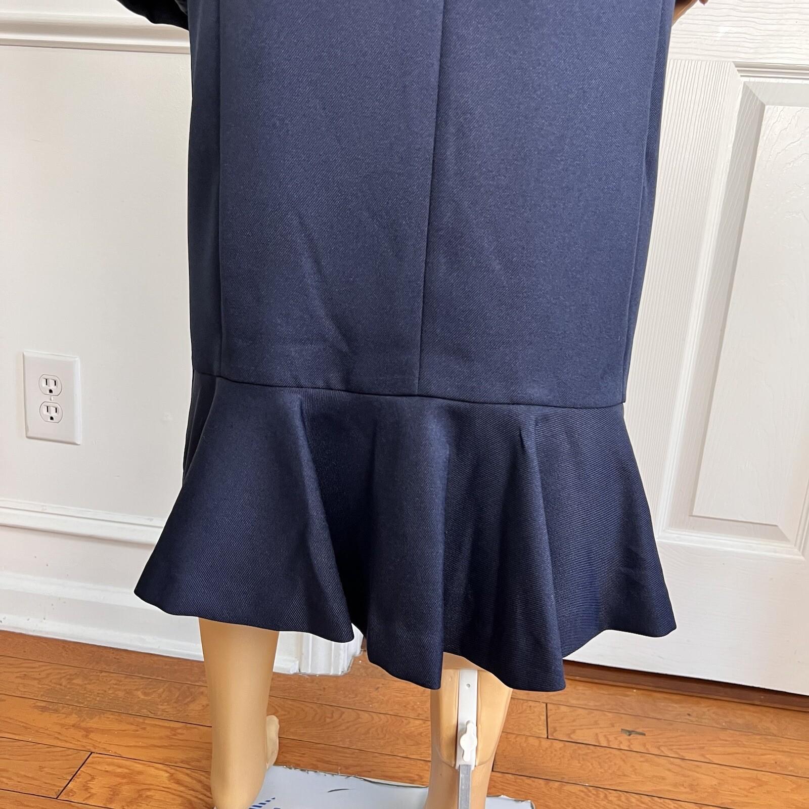 New ENFRENCH Navy Blue 2PC Polyester Lined Notch Collar Ruffle Skirt Suit SZ 26