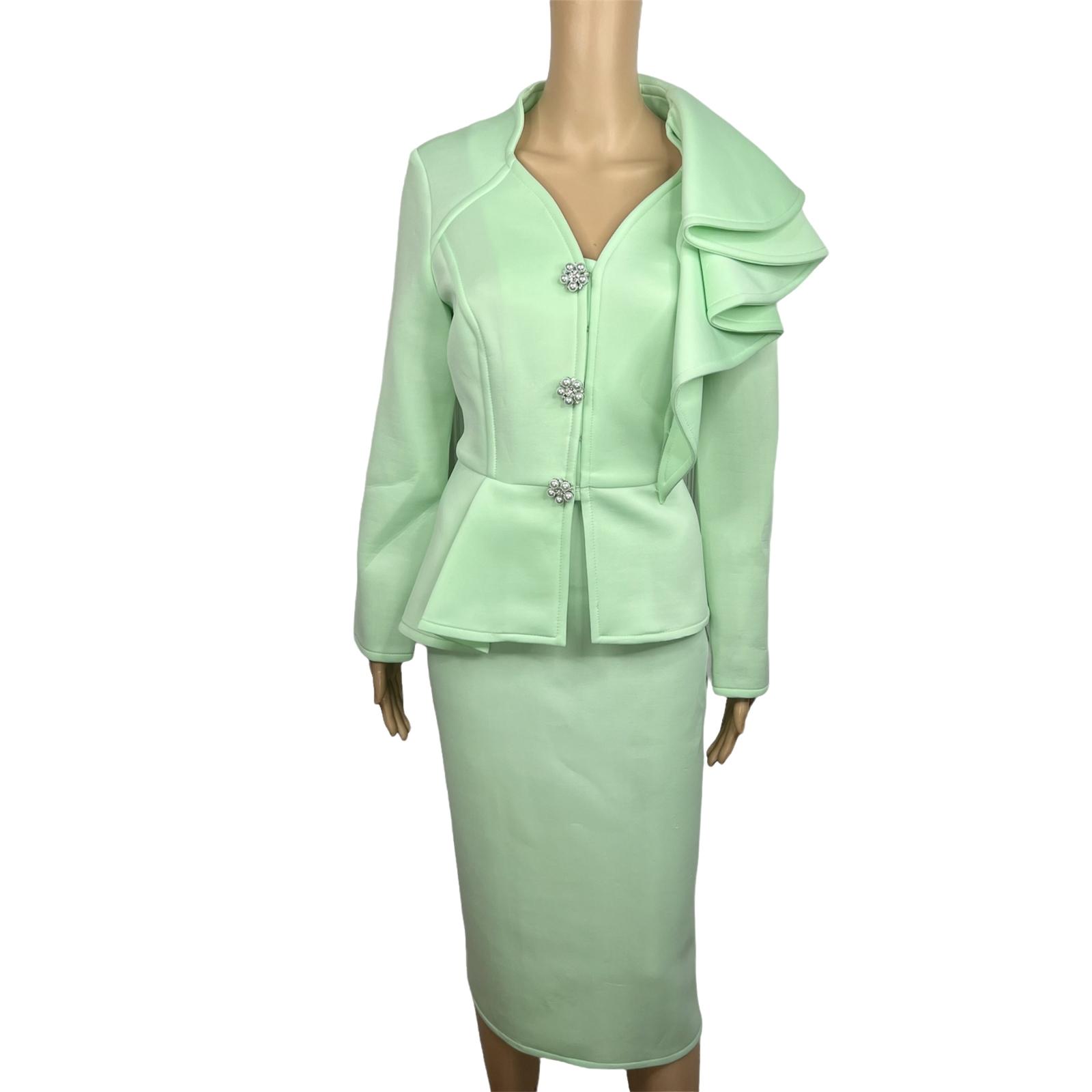 Donna Vinci Mint Green Scuba Fabric Stretch Trim Bodycon Ruffle Skirt Suit SZ 10