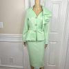 Donna Vinci Mint Green Scuba Fabric Stretch Trim Bodycon Ruffle Skirt Suit SZ 10