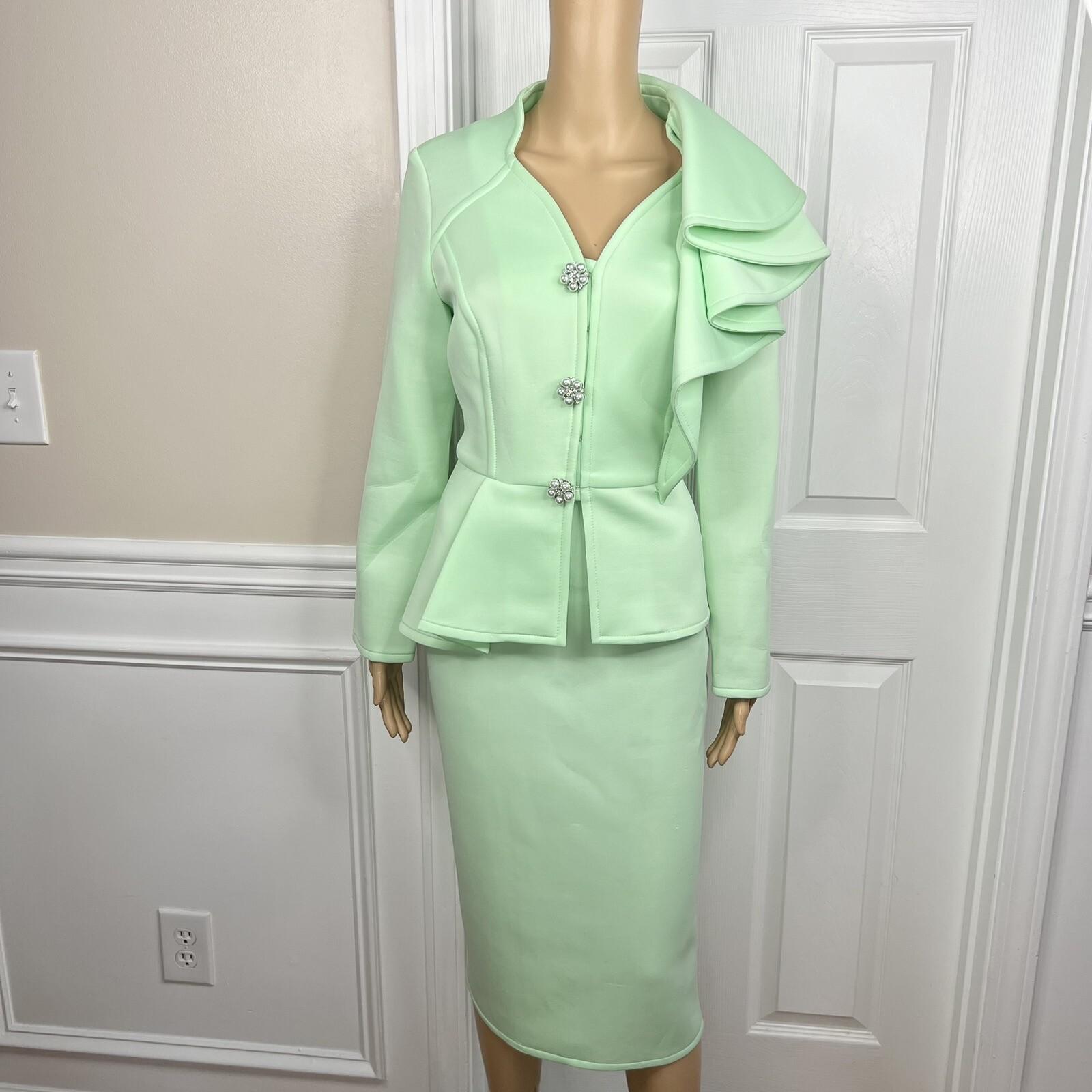 Donna Vinci Mint Green Scuba Fabric Stretch Trim Bodycon Ruffle Skirt Suit SZ 10