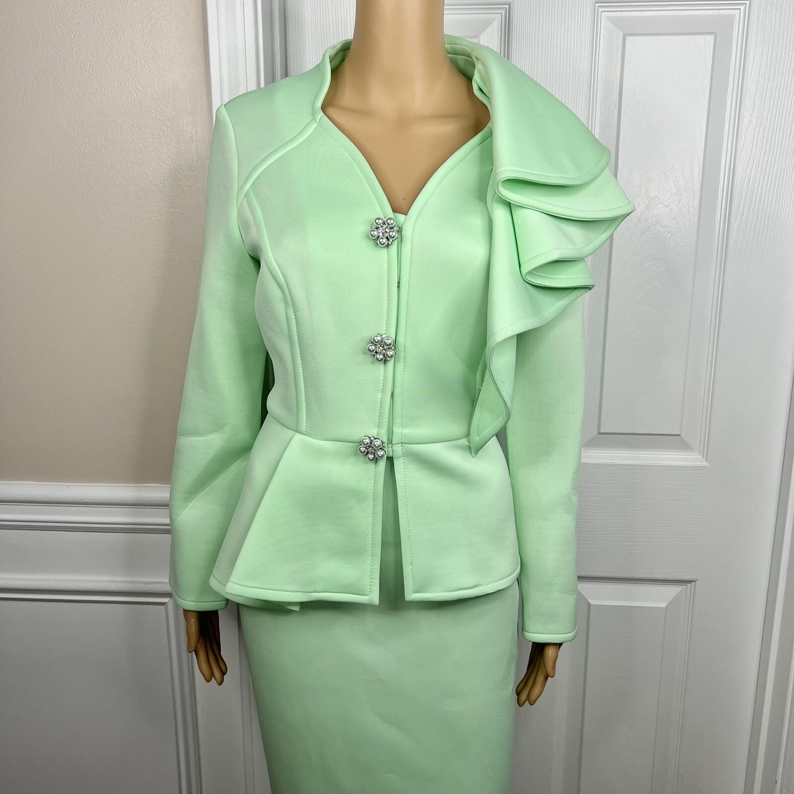 Donna Vinci Mint Green Scuba Fabric Stretch Trim Bodycon Ruffle Skirt Suit SZ 10