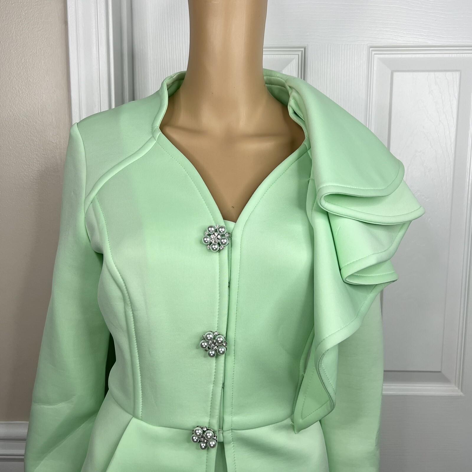 Donna Vinci Mint Green Scuba Fabric Stretch Trim Bodycon Ruffle Skirt Suit SZ 10