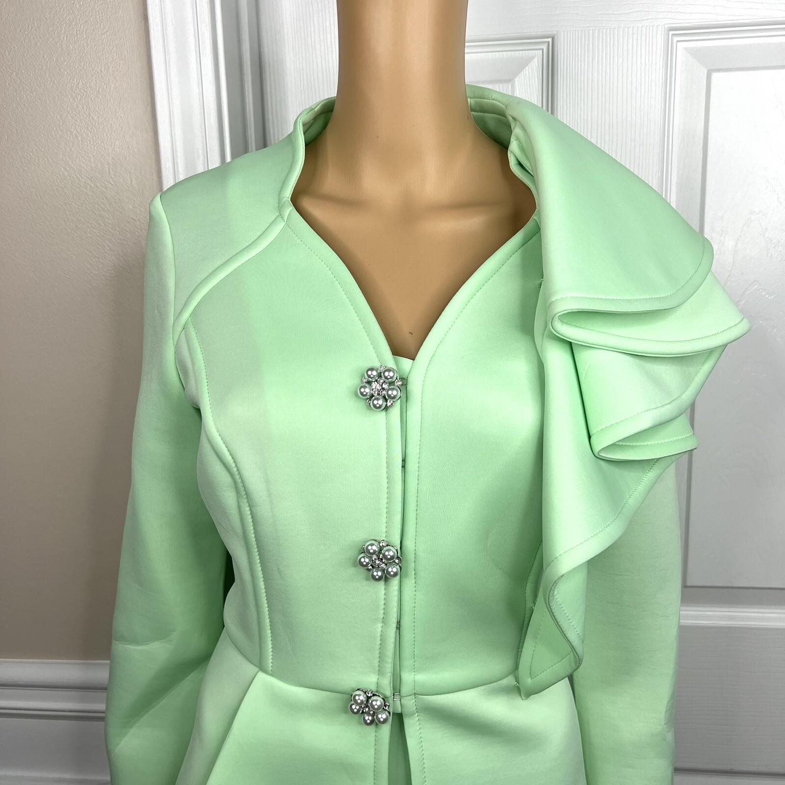 Donna Vinci Mint Green Scuba Fabric Stretch Trim Bodycon Ruffle Skirt Suit SZ 10