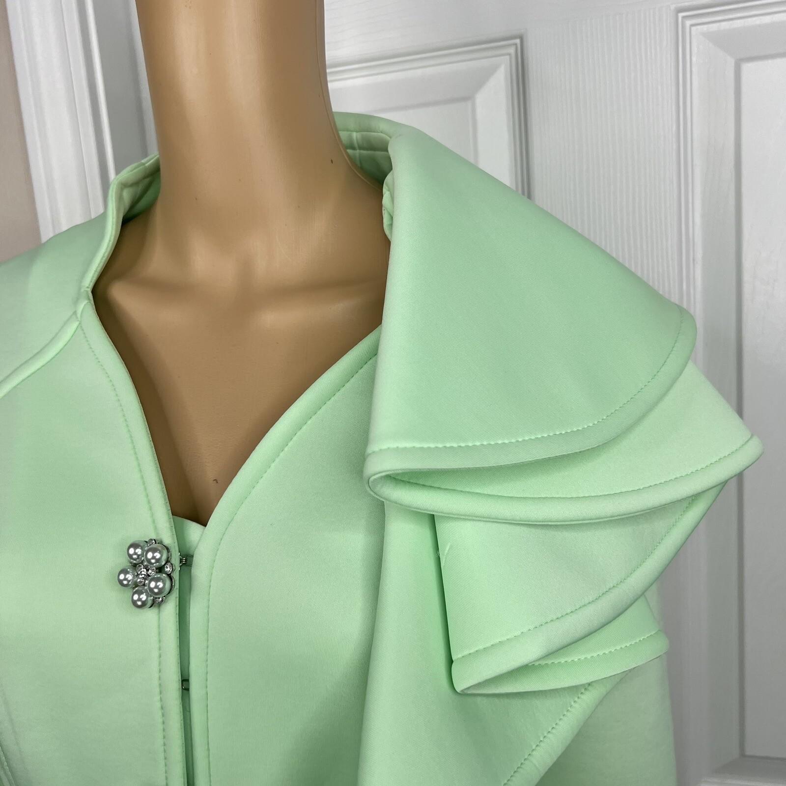 Donna Vinci Mint Green Scuba Fabric Stretch Trim Bodycon Ruffle Skirt Suit SZ 10