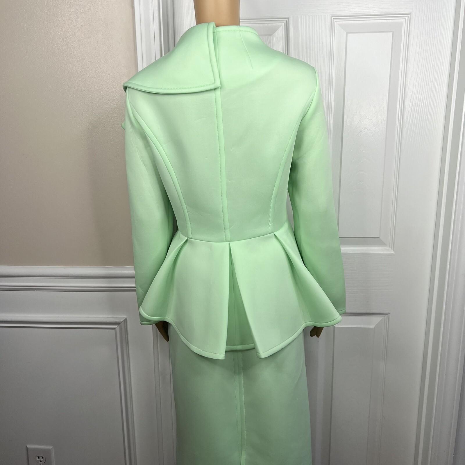 Donna Vinci Mint Green Scuba Fabric Stretch Trim Bodycon Ruffle Skirt Suit SZ 10