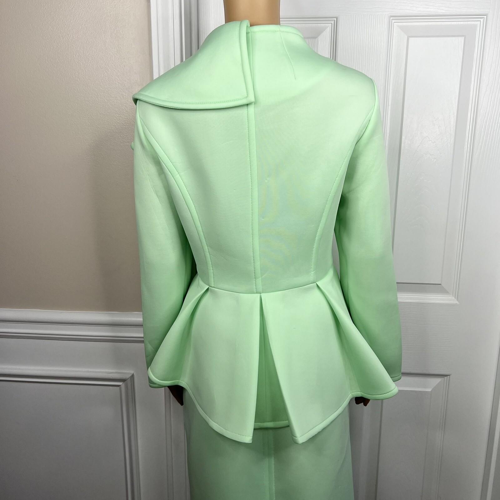 Donna Vinci Mint Green Scuba Fabric Stretch Trim Bodycon Ruffle Skirt Suit SZ 10