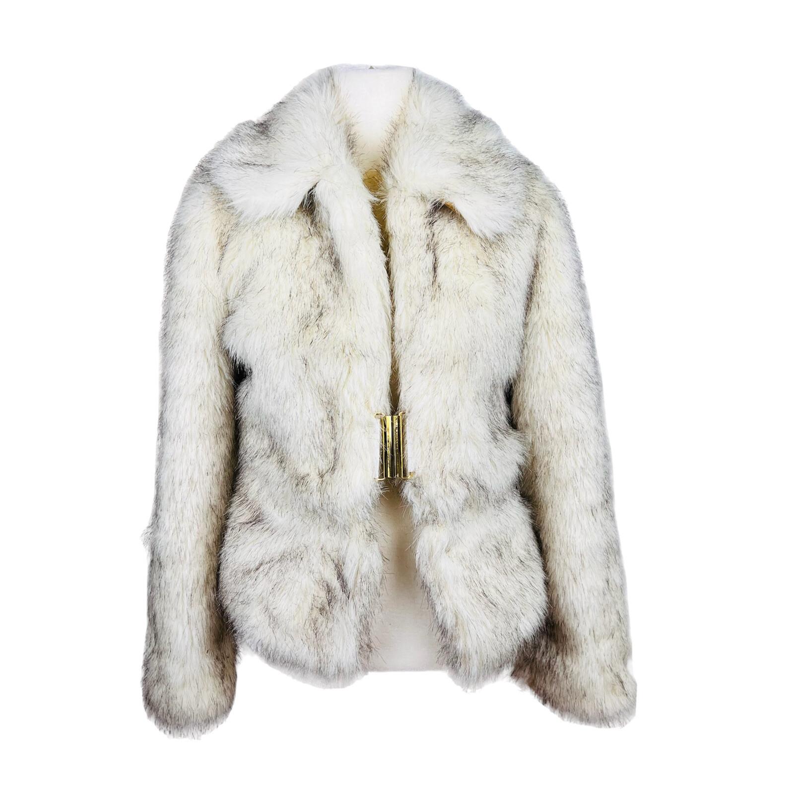 XOXO 2 in 1 Faux Fur Ivory Black Mid Length Cropped Coat Size S Cozy Y2K Warm
