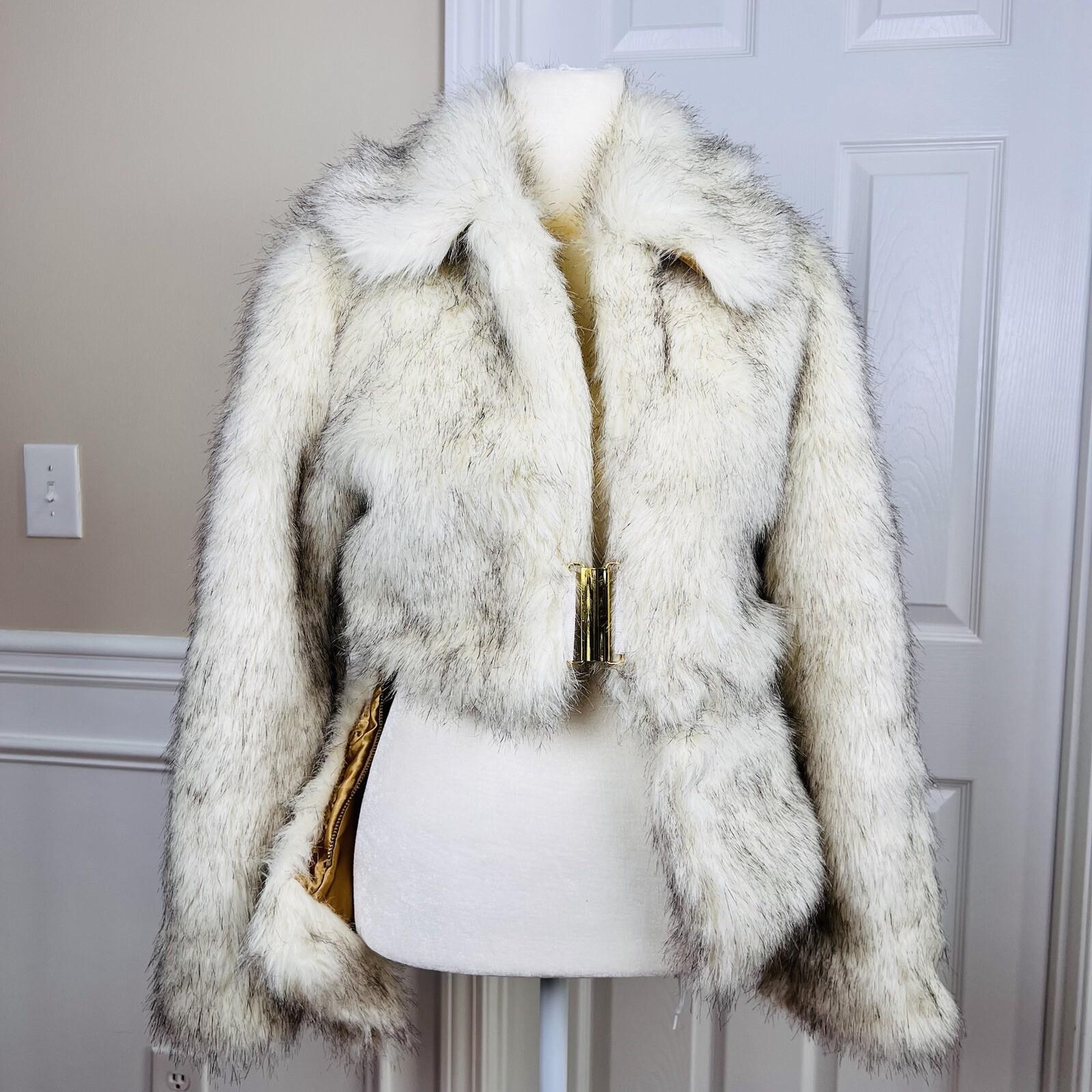 XOXO 2 in 1 Faux Fur Ivory Black Mid Length Cropped Coat Size S Cozy Y2K Warm