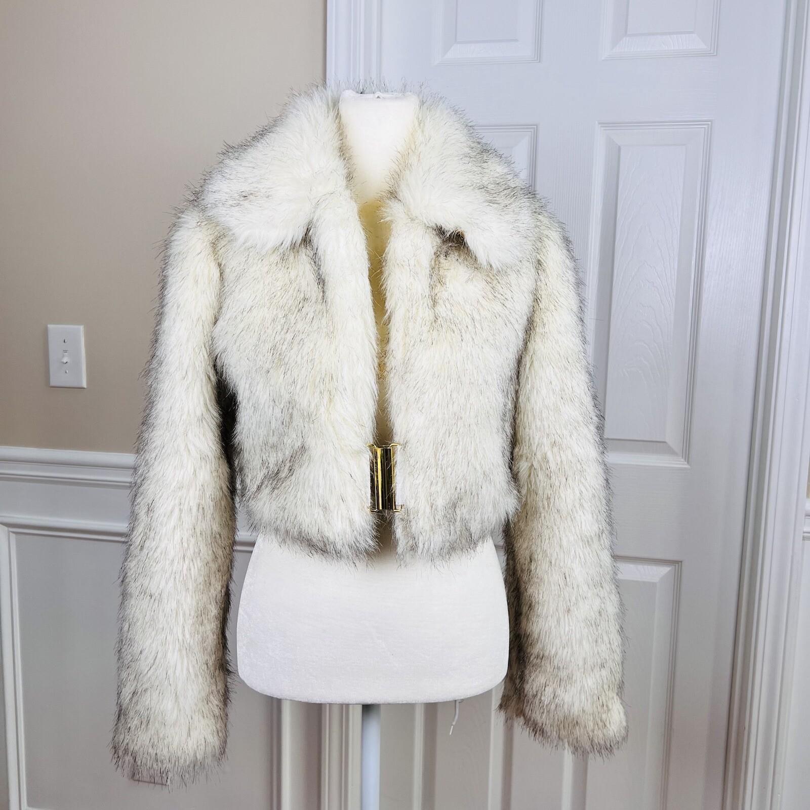 XOXO 2 in 1 Faux Fur Ivory Black Mid Length Cropped Coat Size S Cozy Y2K Warm