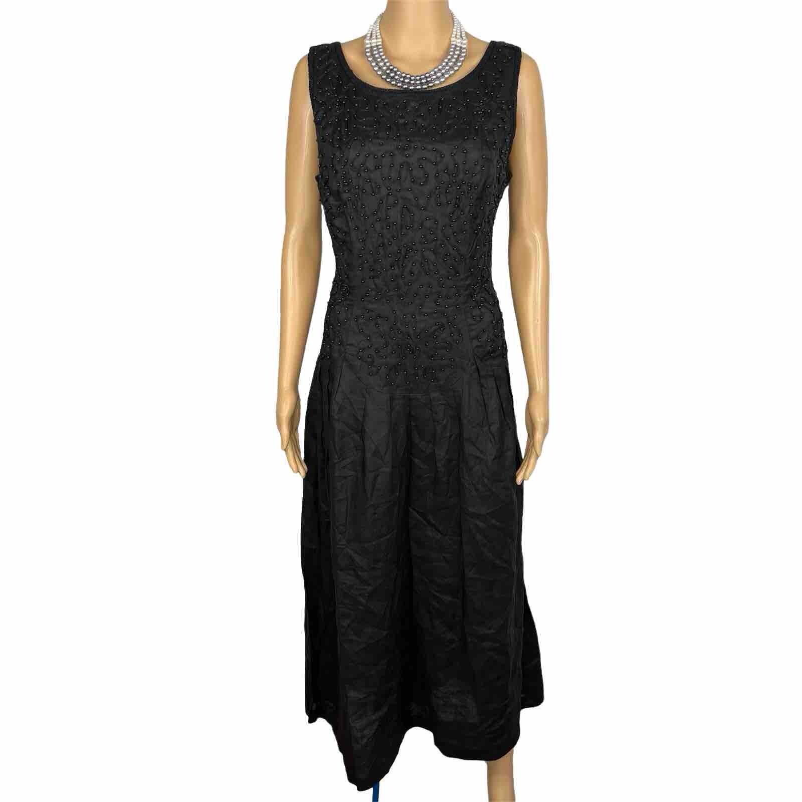 Sarah Elizabeth Vintage Linen Like Dress Size 14 Black Beaded Pleated Flared Zip