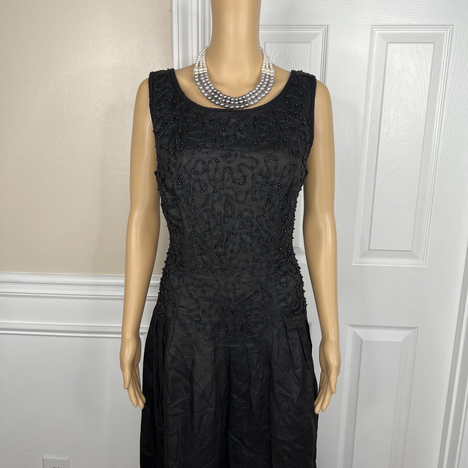 Sarah Elizabeth Vintage Linen Like Dress Size 14 Black Beaded Pleated Flared Zip