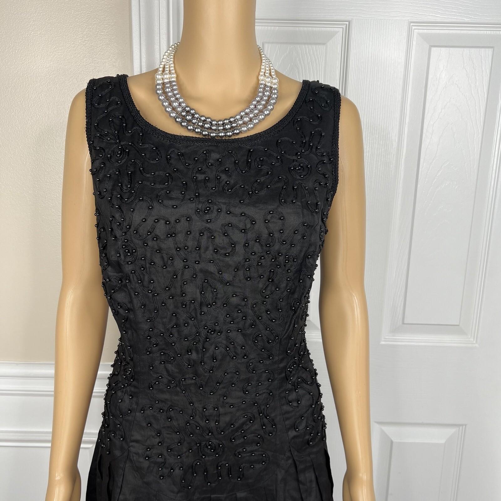 Sarah Elizabeth Vintage Linen Like Dress Size 14 Black Beaded Pleated Flared Zip