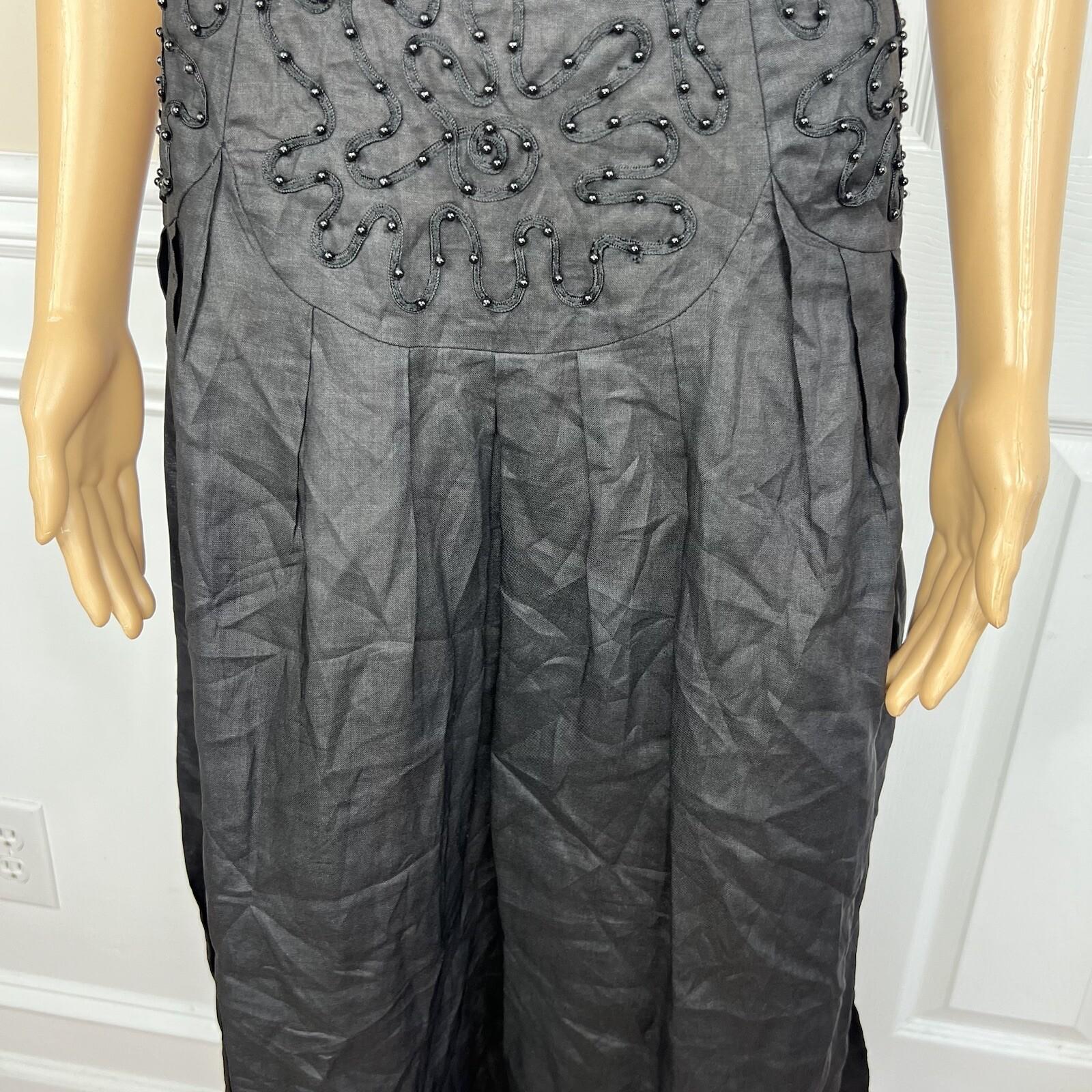 Sarah Elizabeth Vintage Linen Like Dress Size 14 Black Beaded Pleated Flared Zip