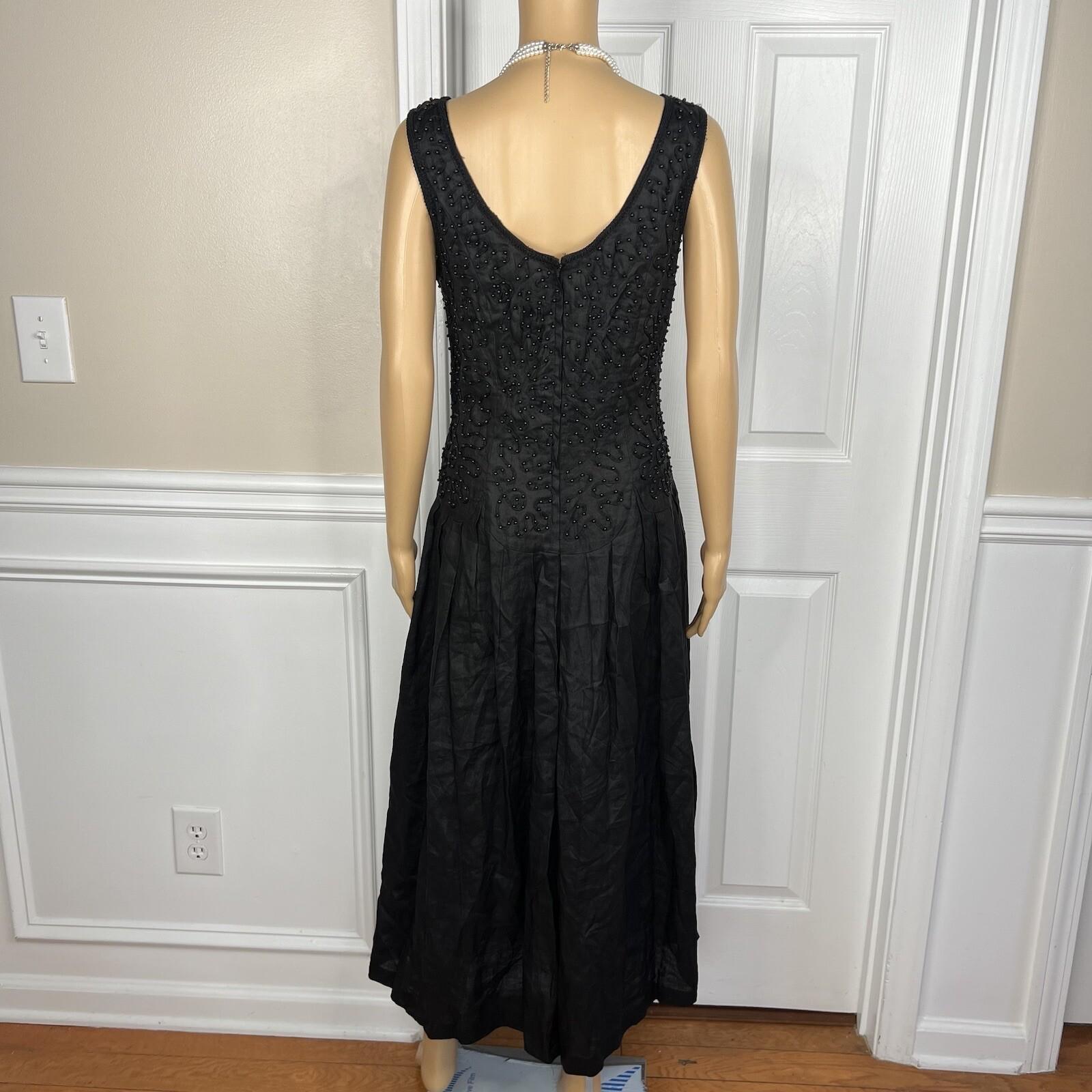 Sarah Elizabeth Vintage Linen Like Dress Size 14 Black Beaded Pleated Flared Zip