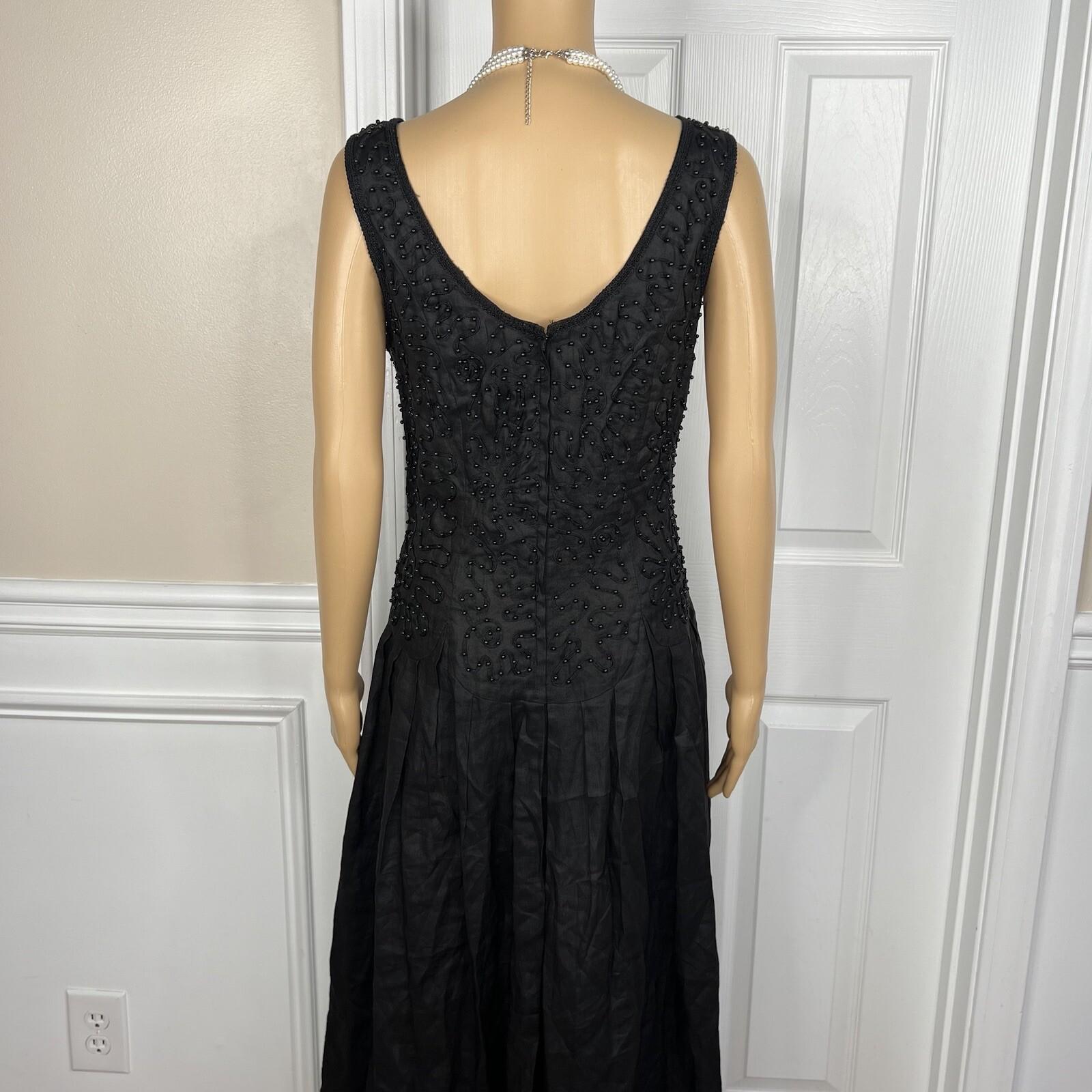 Sarah Elizabeth Vintage Linen Like Dress Size 14 Black Beaded Pleated Flared Zip