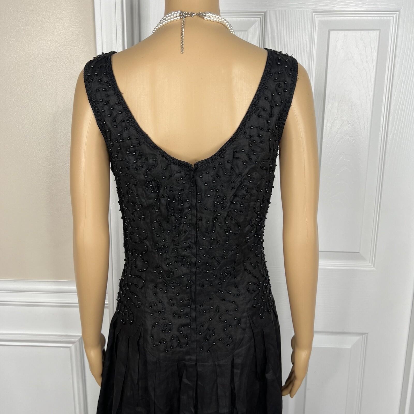 Sarah Elizabeth Vintage Linen Like Dress Size 14 Black Beaded Pleated Flared Zip
