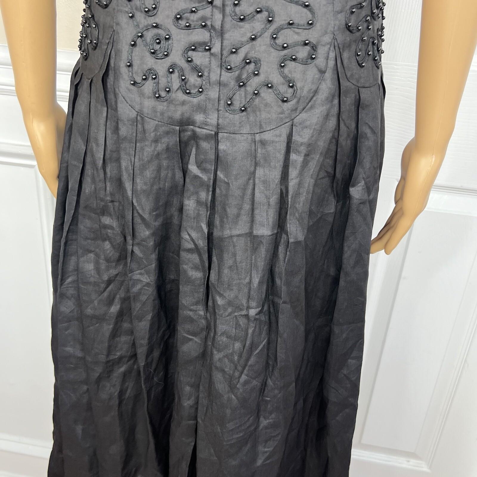 Sarah Elizabeth Vintage Linen Like Dress Size 14 Black Beaded Pleated Flared Zip