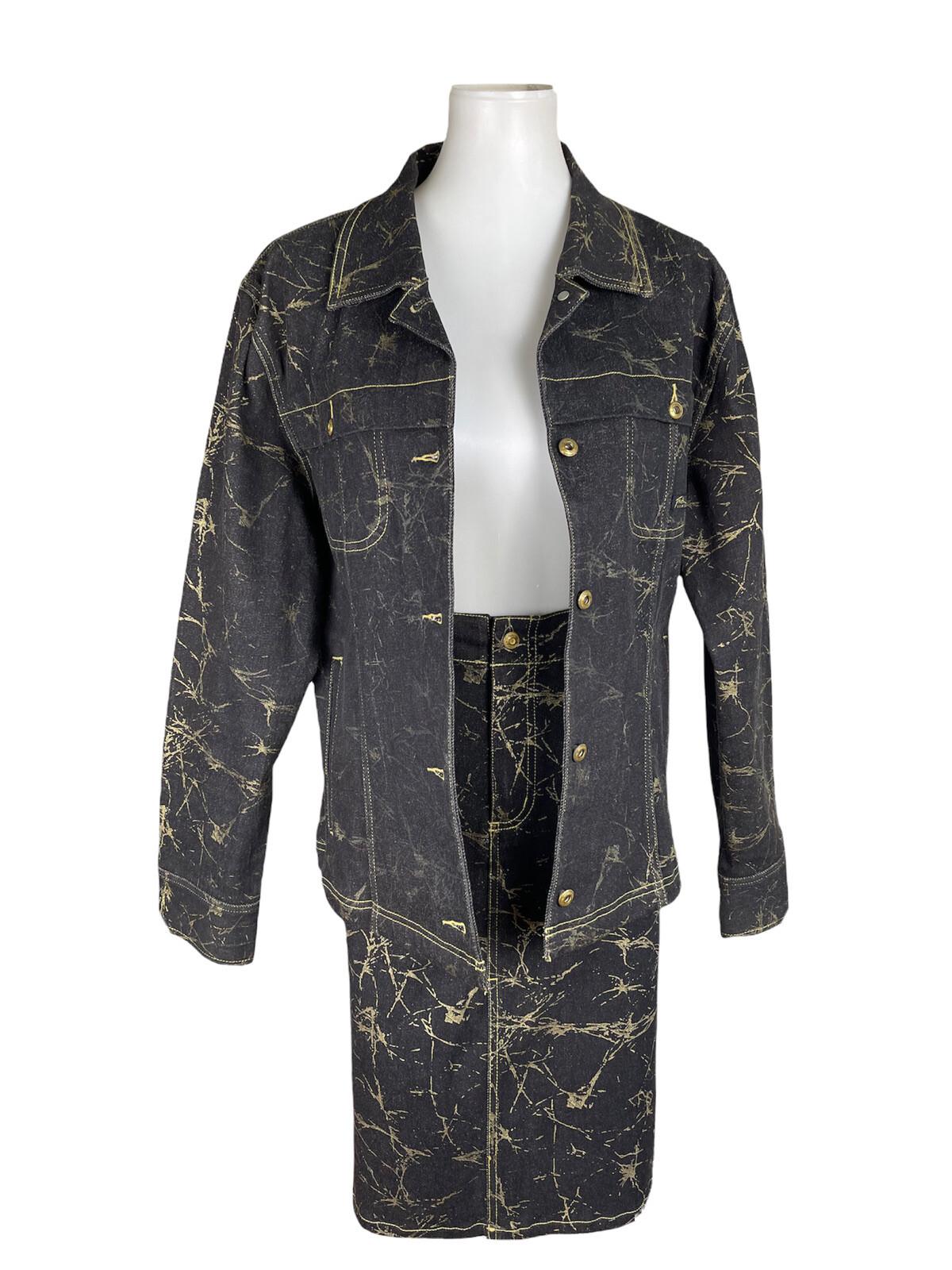 Fubu The Collection Cotton Stretch Denim Skirt Jacket Size 16 Gold Black 2 Piece