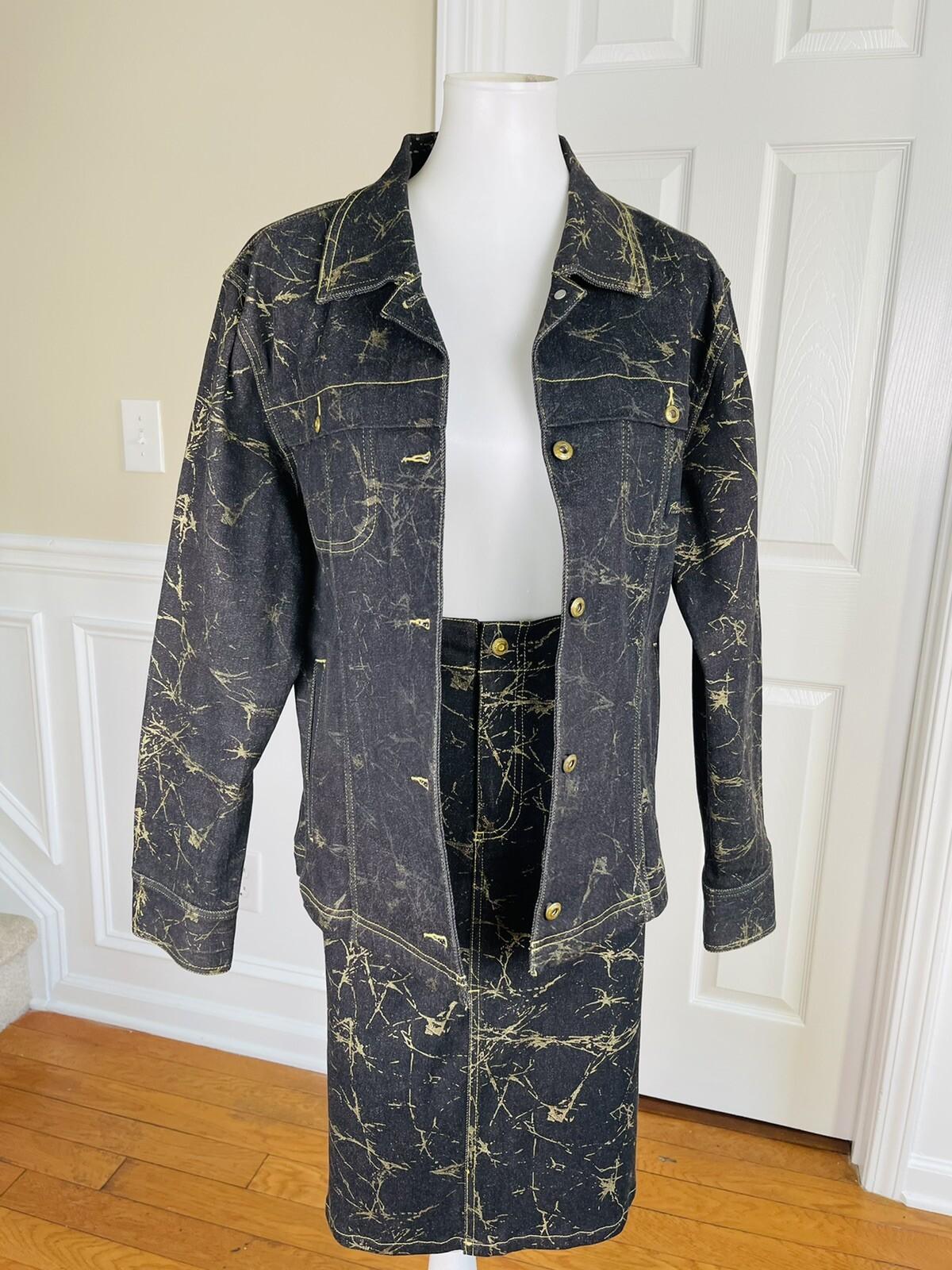 Fubu The Collection Cotton Stretch Denim Skirt Jacket Size 16 Gold Black 2 Piece