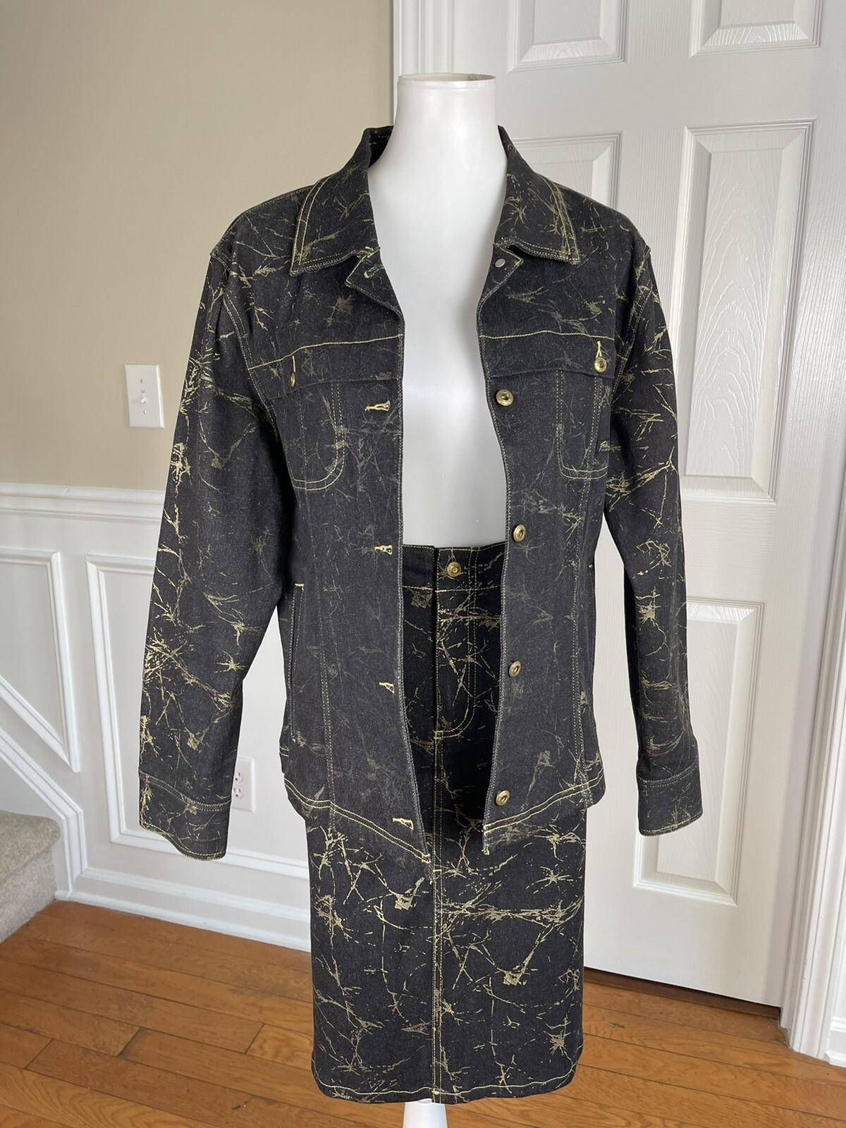 Fubu The Collection Cotton Stretch Denim Skirt Jacket Size 16 Gold Black 2 Piece