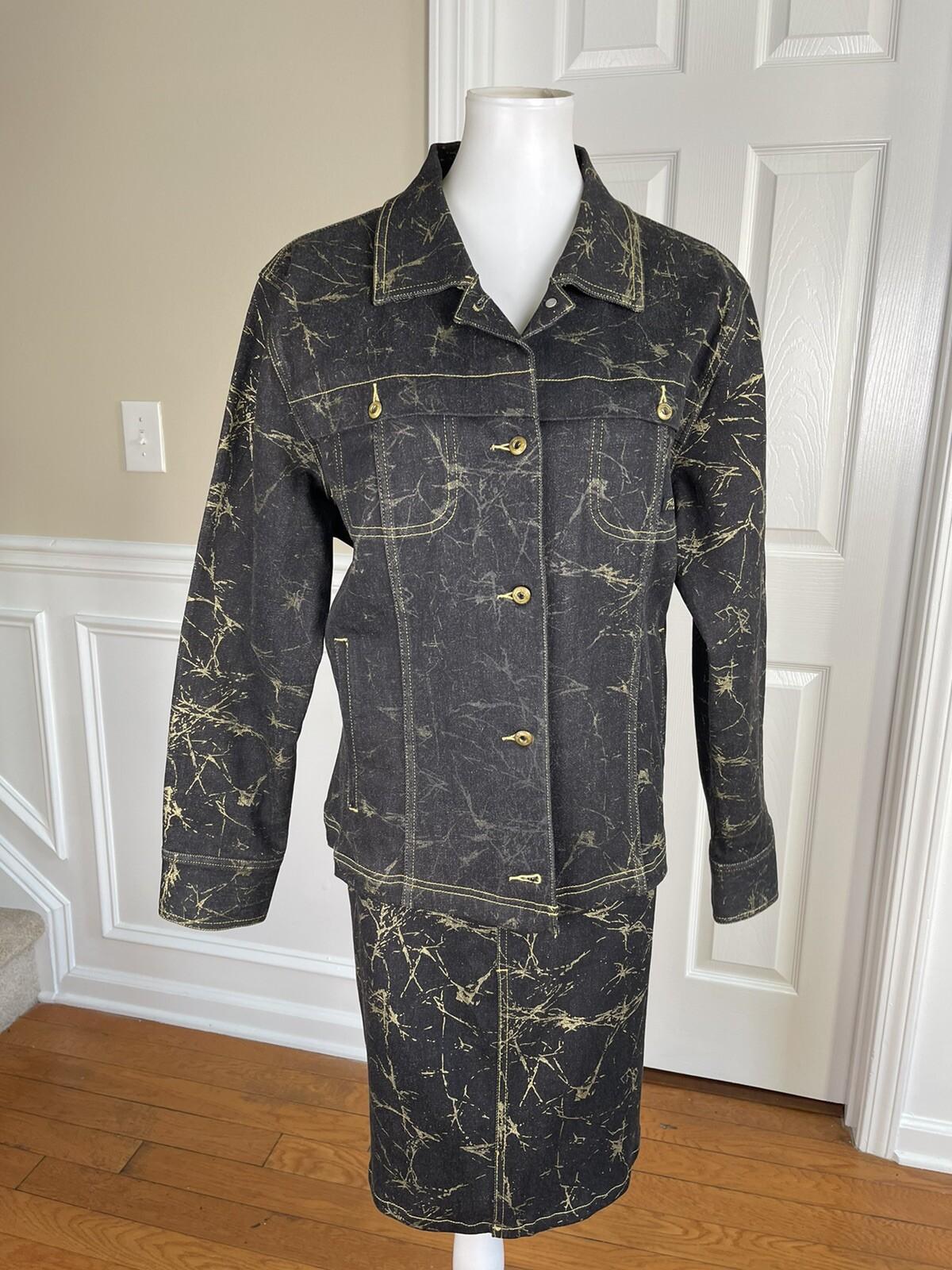 Fubu The Collection Cotton Stretch Denim Skirt Jacket Size 16 Gold Black 2 Piece