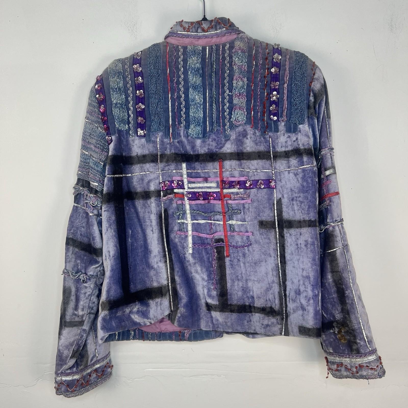 Vintage Sandy Starkman Artsy Jacket M Embroidered Crochet Patchwork Gray Pink