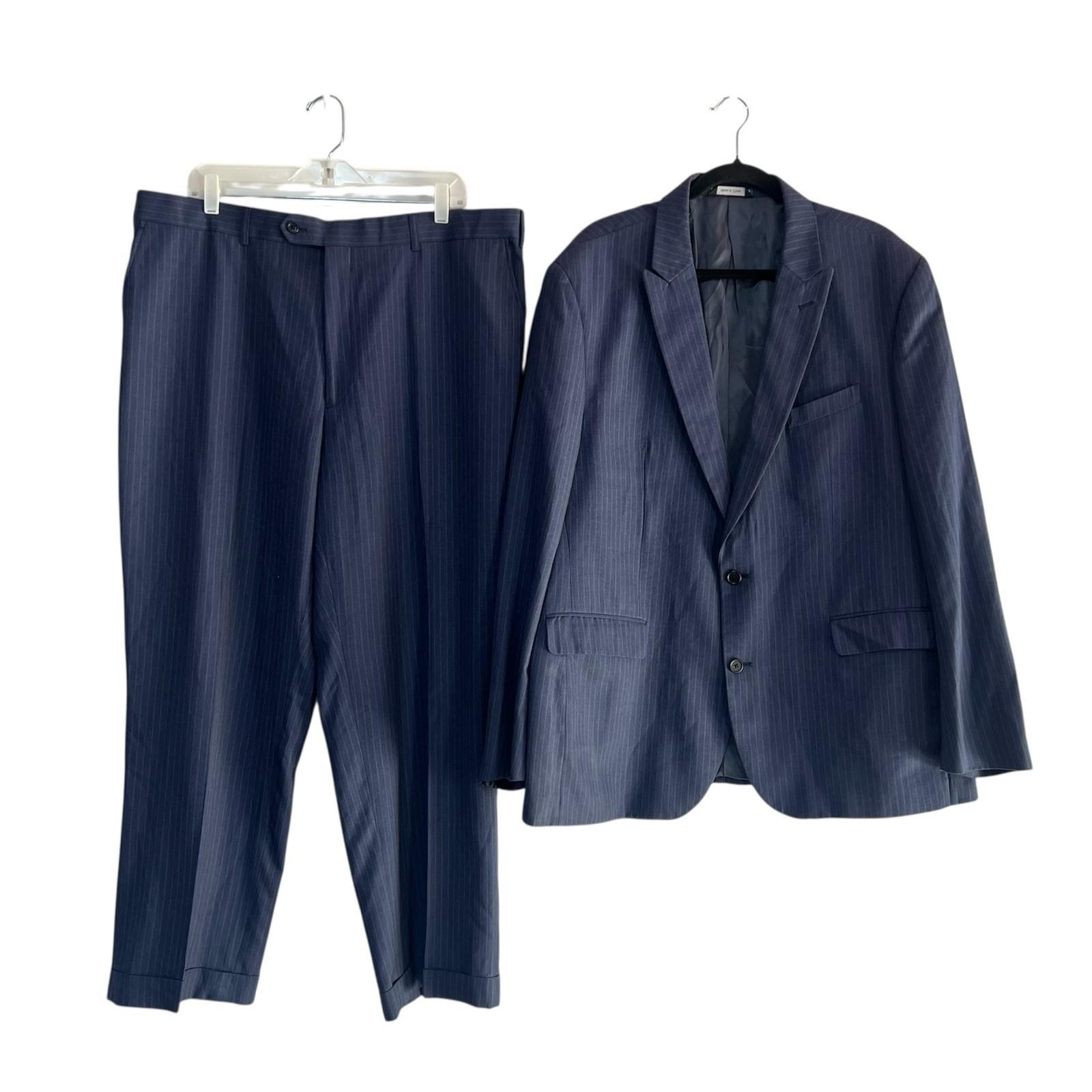 Beverly Hills Polo Club Men Blue Striped Suit 50R Pant 40R Flat Front 2 Button